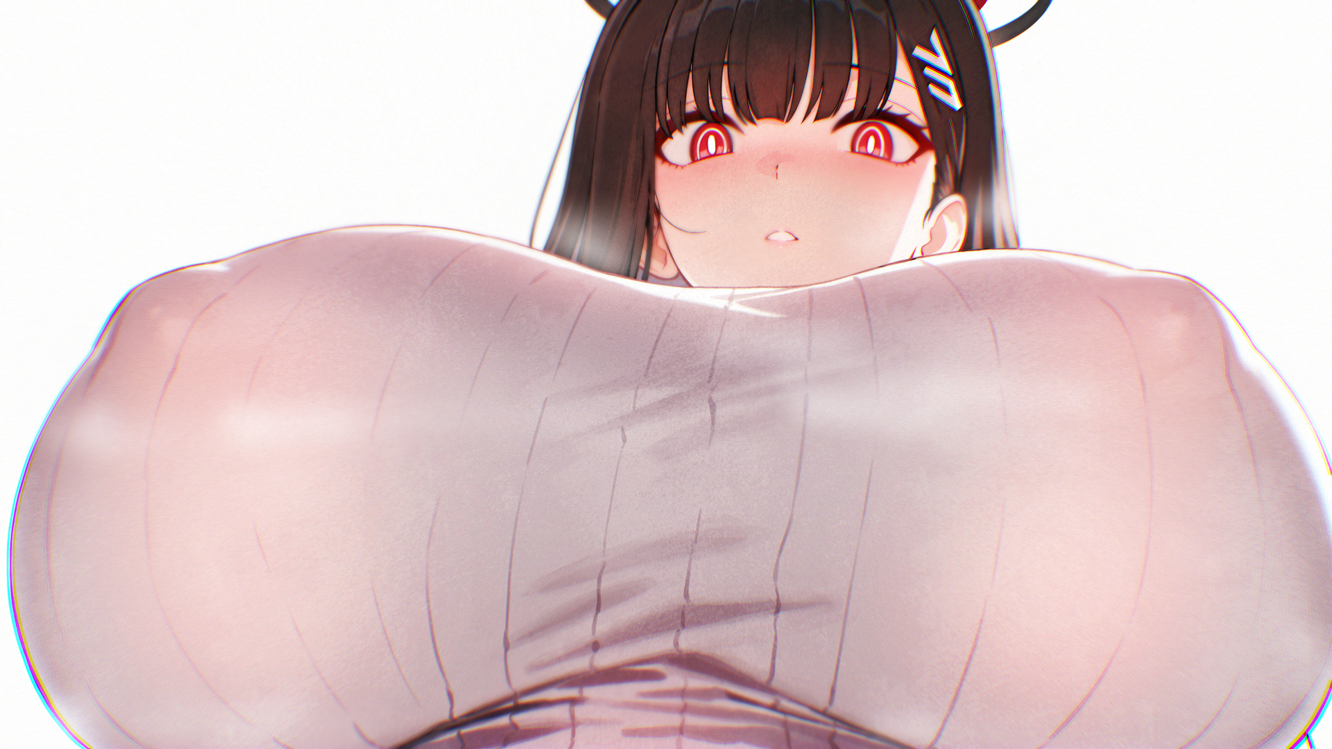 1girls, black hair, black halo, blue archive, blunt bangs, blush, breasts, bright pupils, covered nipples, female, hair ornament, hairclip, halo, highres, huge breasts, long hair, looking at viewer, looking down, moriligan, open mouth, parted lips, red eyes, rio (blue archive), simple background, solo, sweater, white pupils, white sweater