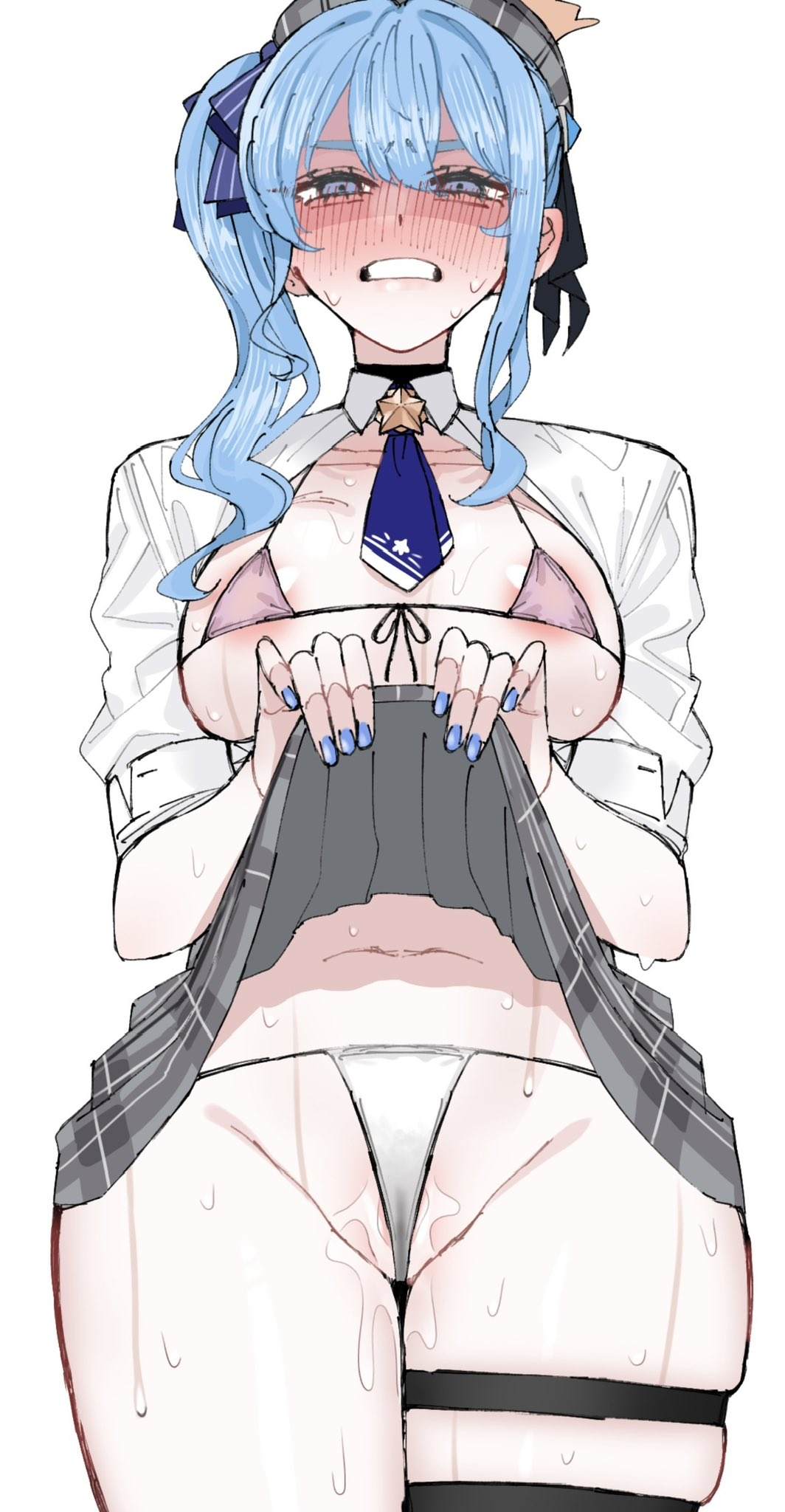 1girls, angry, angry at viewer, areolae slip, asymmetrical legwear, average breasts, bikini top, bikini under clothes, blue eyes, blue hair, blush, blushing, breasts, breasts out, button down shirt, carrot 011, choker, cleavage, clenched teeth, clothed, clothed female, collared shirt, embarrassed, exposing panties, exposing self, eyebrows, female, female focus, from below, from below view, full face blush, hair ribbon, hair tie, hat, headgear, holding skirt, hololive, hololive gen 0, hololive japan, hoshimachi suisei, legs together, lifting skirt, long sleeve shirt, looking at viewer, looking down, looking down at viewer, micro bikini, microkini, midriff, navel, painted nails, plaid skirt, pussy, pussy juice drip, pussy juice splatter, see-through panties, shiny skin, shirt open, short hair, side ponytail, simple background, skimpy, skimpy clothes, skirt, skirt lift, skirt lifted by self, sleeves rolled up, solo, solo focus, standing, sweat, sweatdrop, sweatdrops, sweating, sweaty body, sweaty breasts, sweaty face, sweaty legs, thigh gap, thigh strap, thighs, thighs together, thong, tie, vagina, vaginal juice drip, vaginal juices, virtual youtuber, wedgie, wet panties, wet pussy, white background