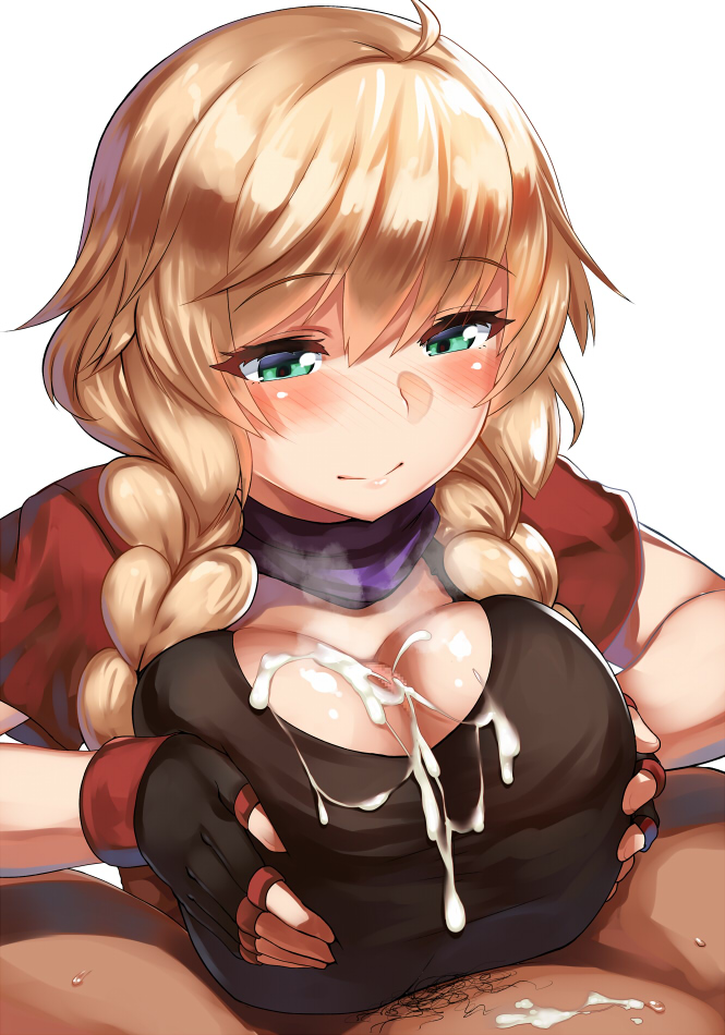 1boy bangs belko blonde_hair blush braid breast_squeeze breasts closed_mouth cum ejaculation_between_breasts female fingerless_gloves gloves green_eyes kanpani_girls large_breasts loviisa_kiesi nose_blush paizuri paizuri_under_clothes pubic_hair shaun_(fallenicons) shirt short_sleeves solo_focus tied_hair twin_braids upper_body