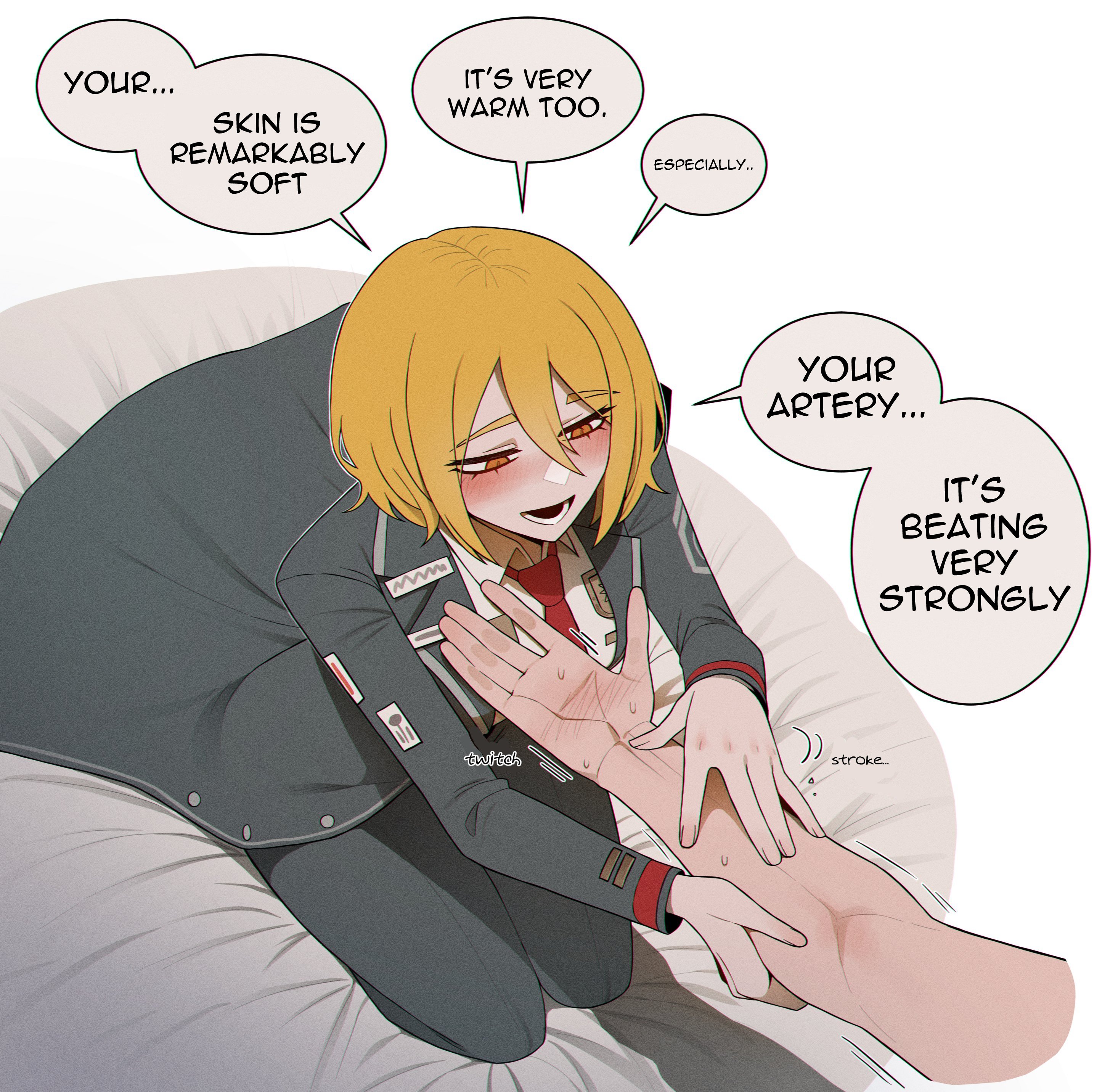 arm holding, bed, blonde hair, bloodfiend, bloodthirsty, blush, caressing, don quixote (limbus company), gentle, holding, holding arm, limbus company, misg1111, on bed, project moon, short hair, smile, stroking, sweat, thirsty, tie, uniform, vampire, vampire girl, work uniform
