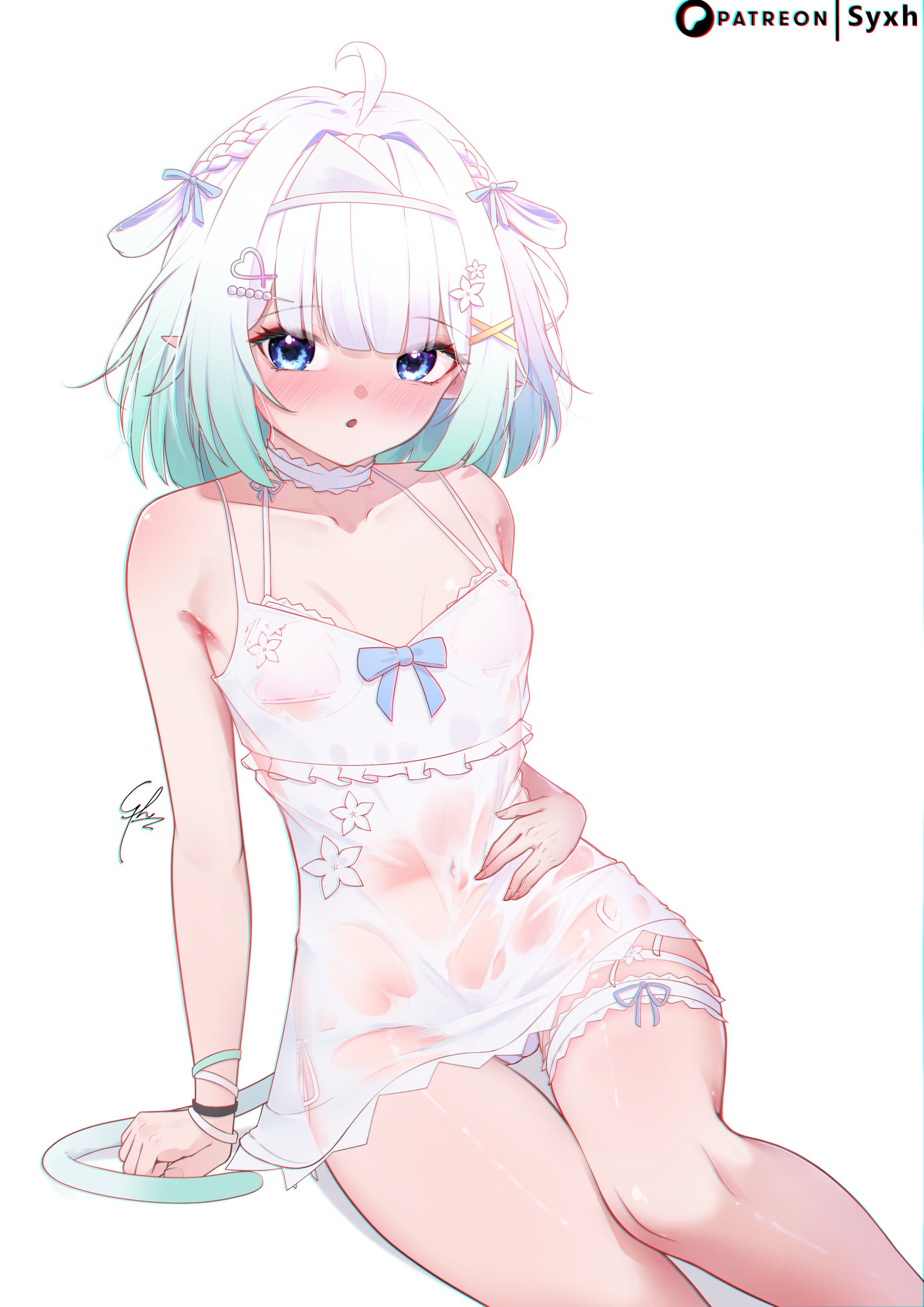 1girls, ahoge, artist name, bangs, bikini, blue bow, blue eyes, blue ribbon, blunt bangs, blush, bow, choker, clenched hand, collarbone, densetsu.exe, dress, feet out of frame, female, flower, frilled thigh strap, ghost girl, gradient hair, green hair, hair flower, hair intakes, hair ornament, hairclip, hand on stomach, heart, heart hair ornament, hi res, indie virtual youtuber, knee, knees, leaning, leaning to the side, looking to the side, maid headdress, mint fantome, mint fantome (summer), multicolored hair, navel, navel visible through clothes, o mouth, official alternate costume, open mouth, pointy ears, ribbon, short dress, short hair, shoulders, side up ring, sidelocks, sitting, sleeveless, sleeveless dress, small breasts, solo, sundress, swimsuit, syxh, thick thighs, thigh gap, thigh strap, thin waist, virtual youtuber, vtuber, wet, wet clothes, white background, white bikini, white dress, white hair, x hair ornament