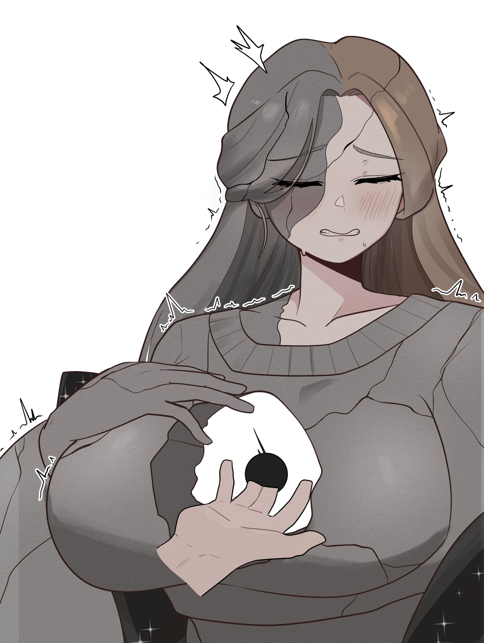 1girl, 2d, aroused, aroused female, blush, blushing female, brown hair, closed eyes, color, colored, digital media (artwork), disembodied hand, e.g.o (project moon), female, female focus, female only, hand on breast, hand on own breast, hand on own chest, large breasts, limbus company, motion lines, no visible genitalia, partial petrification, petrification, project moon, rodion (limbus company), rubbing, sensitive, simple background, solo focus, soulplay, stone body, stone skin, sweater, tagme, touching, tremble lines, tremble spikes, twitching, uncommon stimulation, unusual erogenous zone