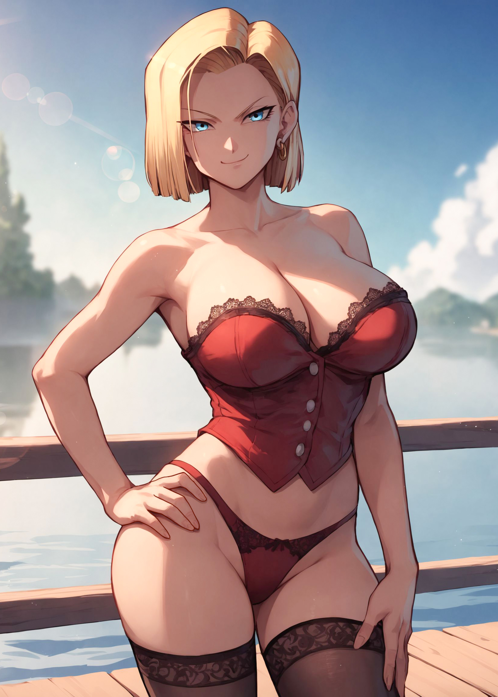 1girls, ai generated, alex-schura, android 18, athletic, athletic female, bare shoulders, bare thighs, big breasts, blonde hair, blue eyes, blush, breasts, child bearing hips, corset, dragon ball, dragon ball z, earrings, facing viewer, female, female only, front view, hand on hip, high resolution, hoop earrings, huge breasts, large breasts, lingerie, long hair, mature, mature female, milf, nai diffusion, panties, pinup, red corset, red lingerie, red panties, seducing, seductive, seductive eyes, seductive look, seductive pose, seductive smile, shounen jump, smile, solo, solo focus, stable diffusion, stockings, thighs, toned, toned female, underwear, upper body, voluptuous, voluptuous female, weekly shonen jump, wide hips