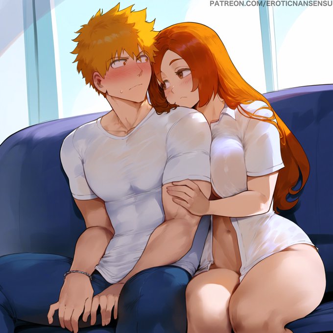 1boy, 1girls, 2d, ai assisted, ai generated, artist name, ass, assertive female, big ass, big breasts, bleach, blonde hair, blush, breast press, breasts, brown eyes, canon couple, center opening, color, couple, cute, embarrassed, erotic nansensu, female, flustered, hand on another's arm, hug, husband and wife, ichigo kurosaki, indoors, inoue orihime, legs together, male, midriff, mommy, naked shirt, open shirt, orange hair, pants, partially clothed, patreon username, romantic, shirt only, side-by-side, sitting, t-shirt, thick thighs, url