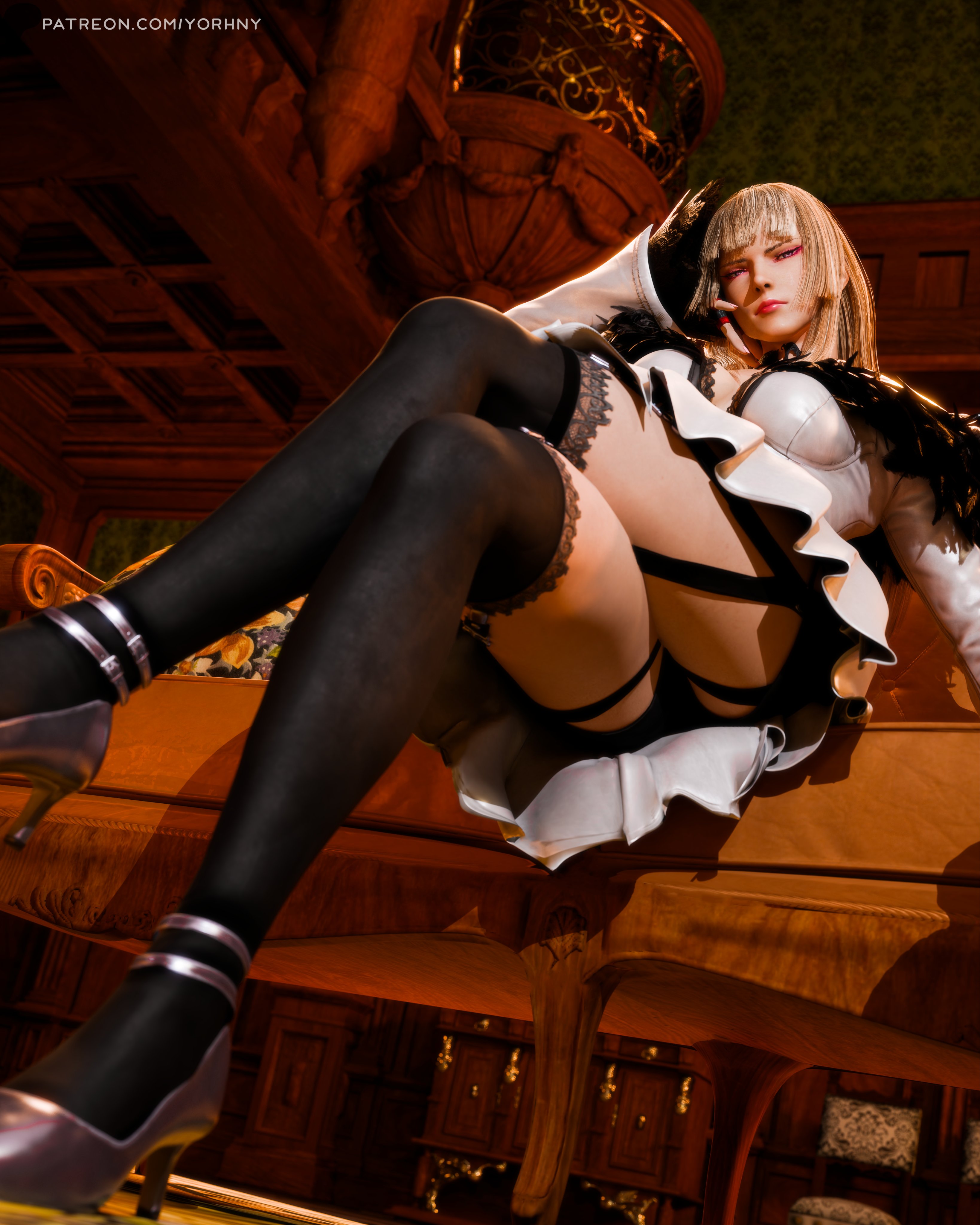 1girls, 3d, bangs, blonde hair, breasts, busty, crossed legs, disinterested, dissapointed, dissappointed look, dress, emilie de rochefort, female, female focus, female only, hi res, high heels, highres, hourglass figure, legs, looking at viewer, pinup, pinup pose, solo, stockings, tagme, tekken, tekken 8, thighhighs, thighs, uninterested, upskirt, wide hips, yorhny