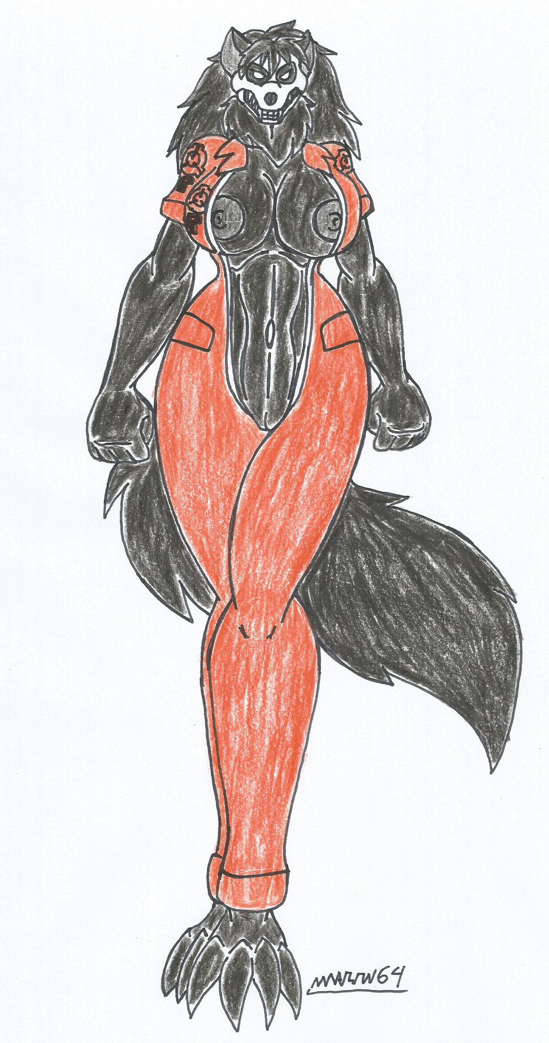 big_breasts big_hips black_fur black_hair black_nipples bodysuit exposed_breasts exposed_pussy exposed_torso furry looking_at_viewer mal0 malo marlon64 monster_girl open_bodysuit scp-1471 scp-1471-a scp_foundation traditional_drawing_(artwork) walking walking_in_on white_background