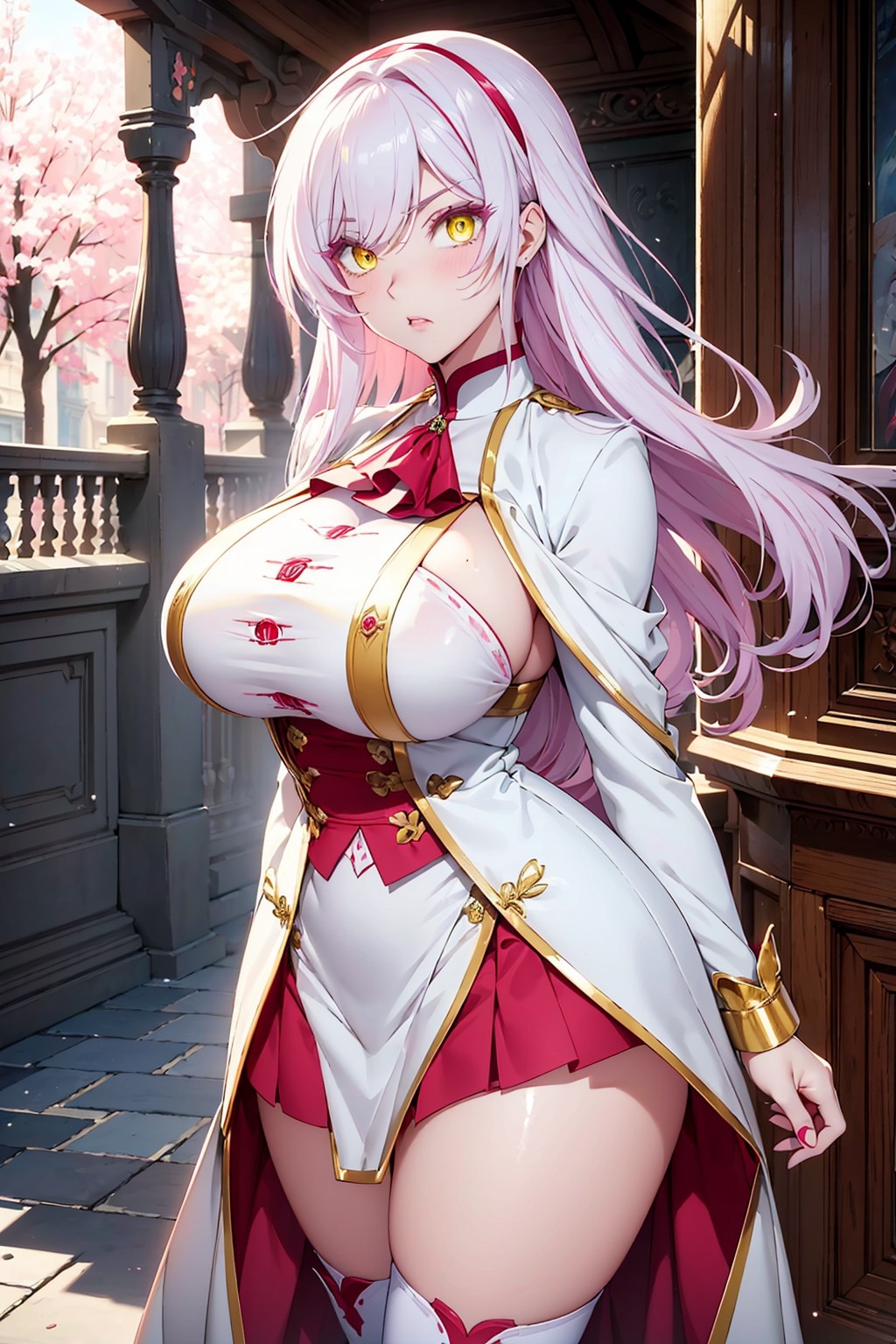 ai_generated blush breasts cherry_blossoms female female_only jeanne_(vanitas_no_carte) large_breasts long_hair sideboob skirt solo thighhighs tree vampire vanitas_no_carte white_hair yellow_eyes