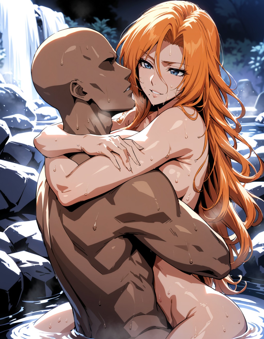 1boy 1girls ai_generated alchy ambiguous_penetration arms_around_neck artifact_(metadata) bald bathhouse bathing big_breasts bleach breasts breasts_bigger_than_head cleavage completely_nude completely_nude_female dark-skinned_male female hot_spring huge_breasts interracial large_breasts light-skinned_female light_skin long_hair matsumoto_rangiku mature mixed_bathing mole mole_under_mouth nai_diffusion nipples nude nude_female onsen oppai orange_hair partially_submerged puffy_nipples shared_bathing stable_diffusion upper_body v very_long_hair water wet wet_body wet_hair wet_skin wide_hips