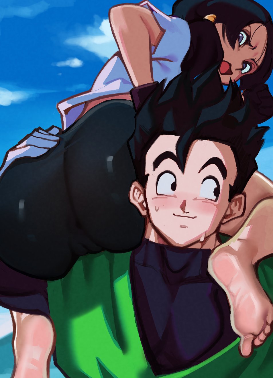 1boy 2d anus ass ass_focus ass_grab barefoot black_eyes black_hair blue_eyes blush cameltoe covered_anus dragon_ball dragon_ball_z feet female from_behind full_color fully_clothed gloves highres huge_ass muscular muscular_male no_penetration no_sex open_mouth roropull smile soles son_gohan spiked_hair toes twintails videl videl_(long_hair)