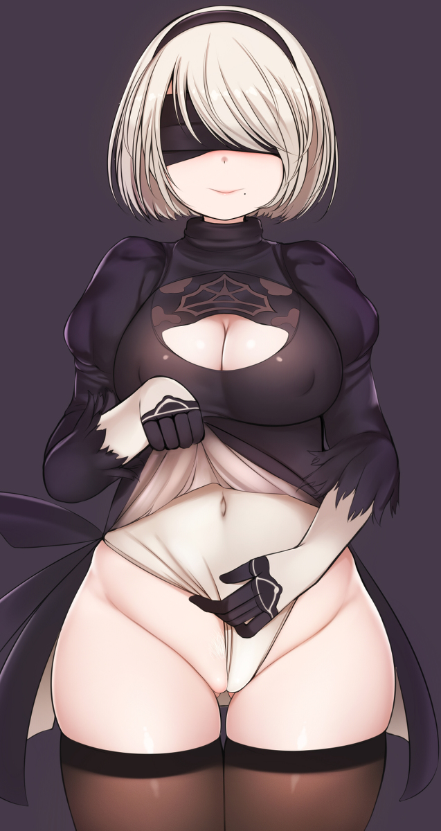 1girls android blindfold blindfolded blush breasts cameltoe cleavage_cutout female hairband large_breasts leotard mapar navel nier nier:_automata pubic_hair pussy short_hair smile solo stockings thick_thighs thighhighs thighs white_hair yorha_2b