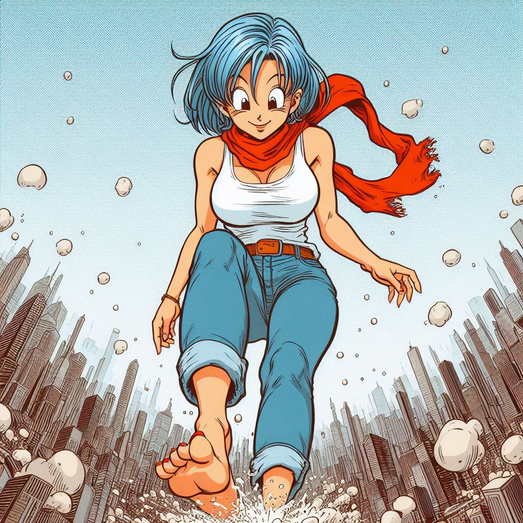 ai_generated barefoot blue_eyes blue_hair bulma_briefs city city_destruction crush destruction dragon_ball dragon_ball_super dragon_ball_z dude_duderson giantess light-skinned_female light_skin stomping