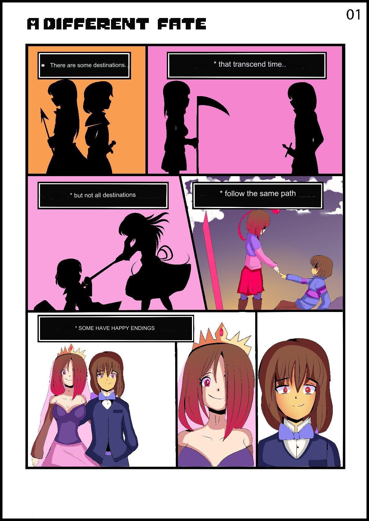 akumu_(glitchtale) bete_noire betty_noire brown_hair frisk glitchtale indigopencil marriage orange_background pink_background red_eyes red_hair undertale undertale_au wholesome