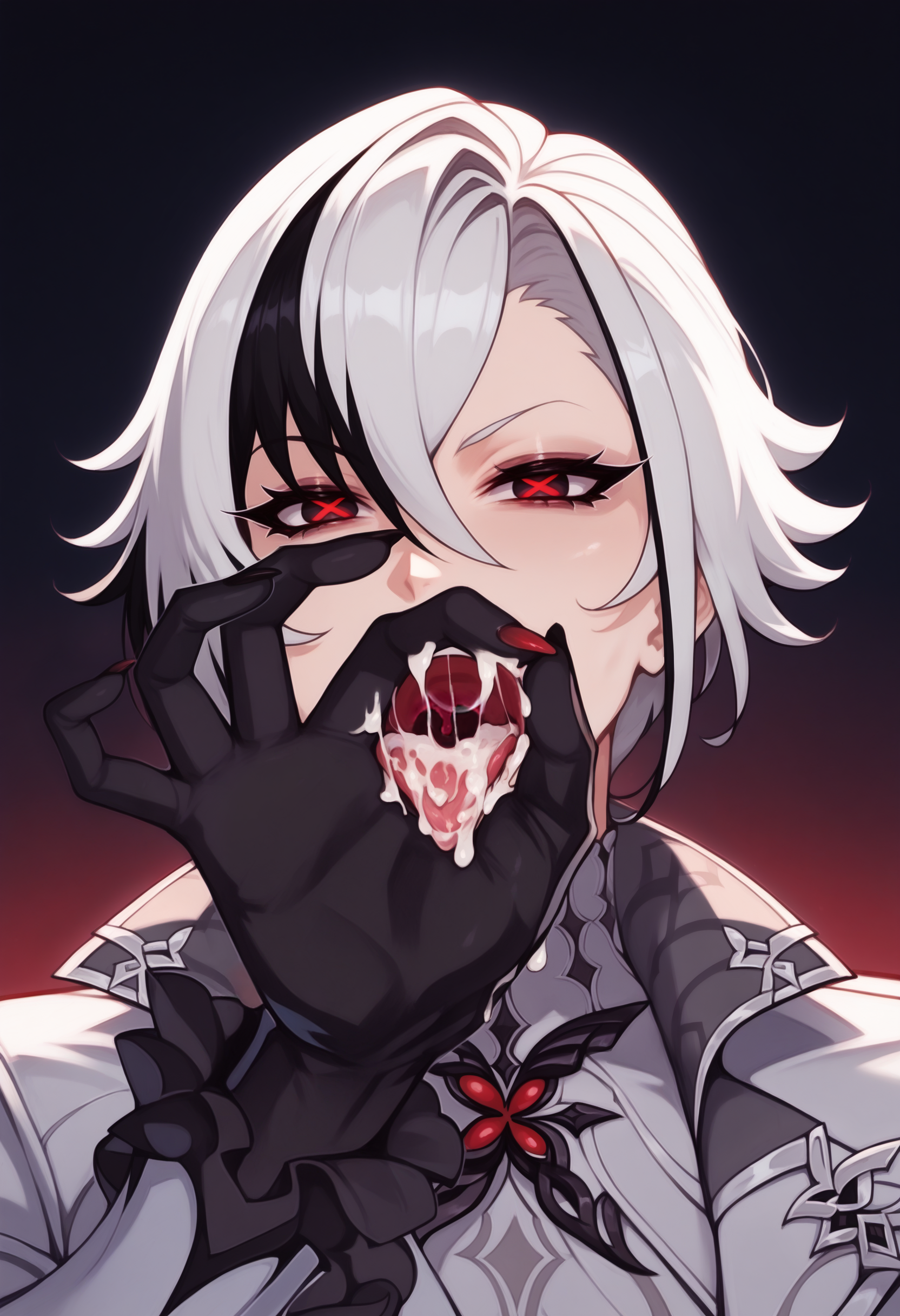 1girls, after fellatio, ai generated, arlecchino (genshin impact), balecxi, black eyes, cum, cum in mouth, fellatio gesture, female, genshin impact, looking at viewer, multicolored hair, nails, short hair, solo, symbol-shaped pupils, tongue, tongue out, two-tone hair, upper body, white hair, x-shaped pupils