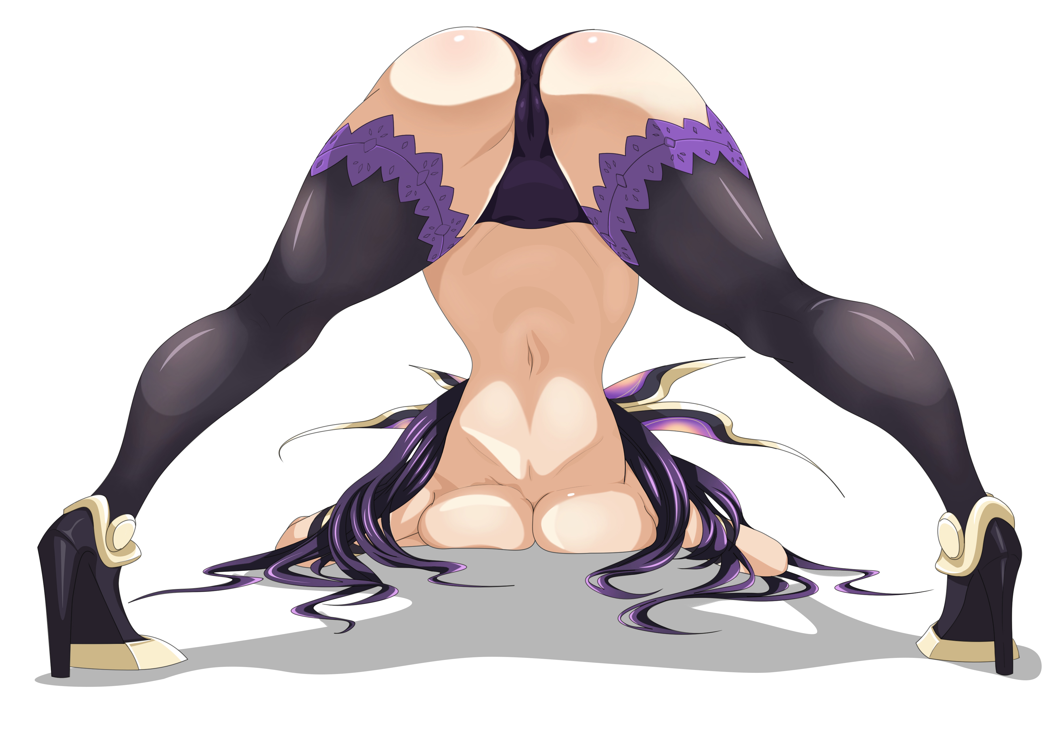 2d, 2d (artwork), ass, back view, belly, belly button, breasts, bubble ass, bubble butt, date a live, exposed ass, female, female only, jack-o pose, light skin, light-skinned female, long hair, naked, naked female, panties, purple eyes, purple hair, socks, socks and shoes, solo, solo female, spread legs, yatogami hebikura, yatogami tohka