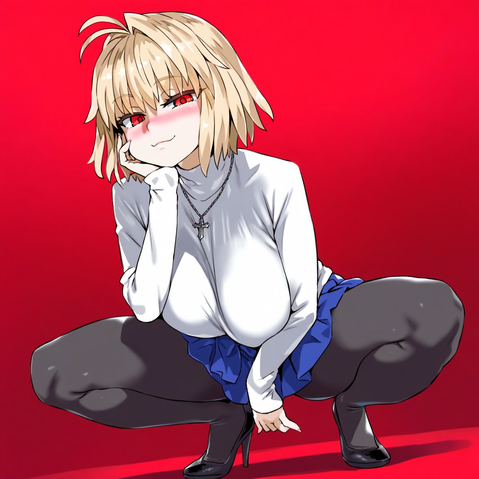 1girls, ai generated, arcueid brunestud, big breasts, blonde hair, blush, breasts, female, hair intakes, huge breasts, large breasts, looking at viewer, melty blood, necklace, red background, red eyes, simple background, smile, solo, solo female, solo focus, squatting, thick thighs, thighs, tsukihime, type-moon, yamatoai