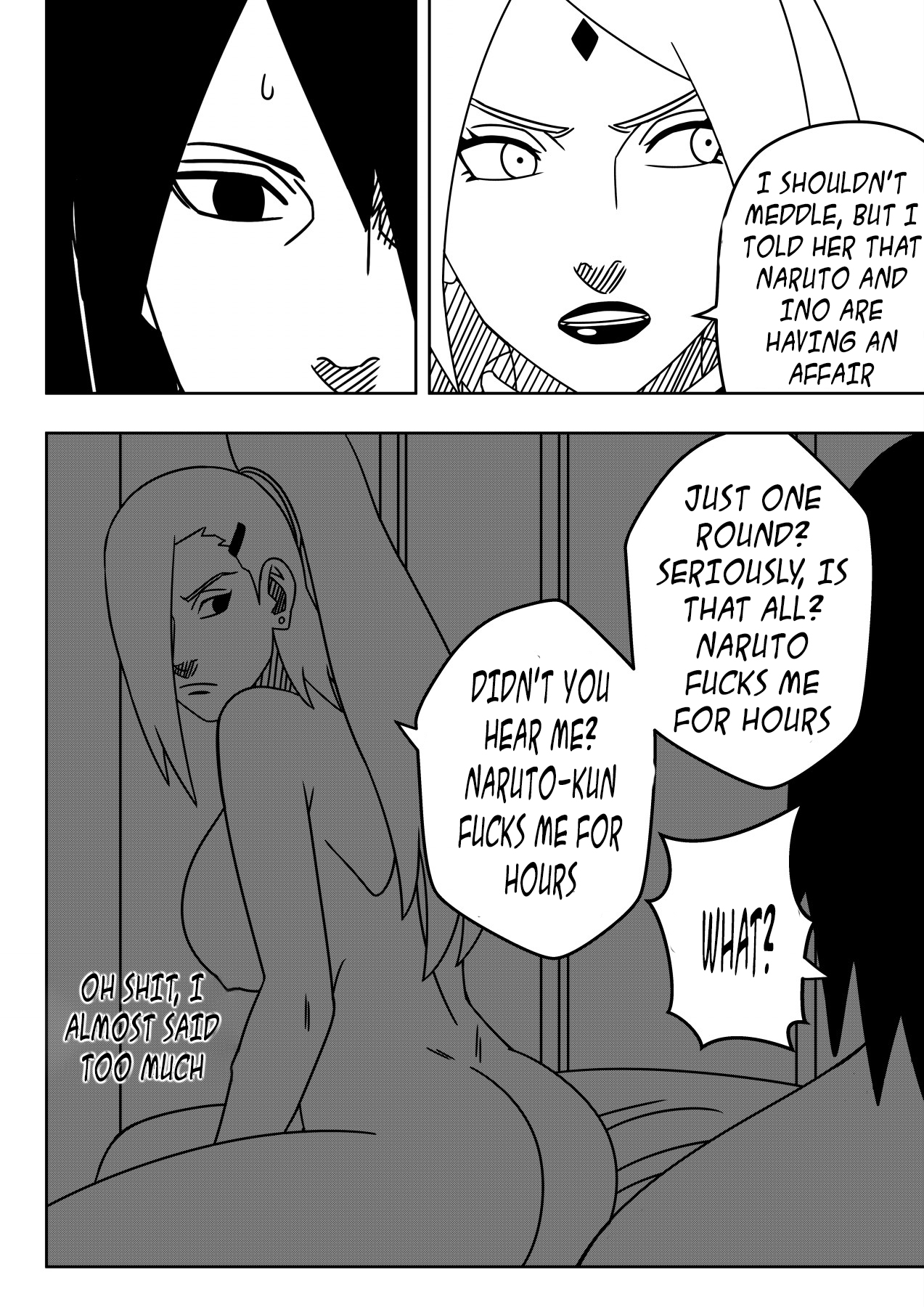 1boy, 2girls, after sex, annoyed, annoyed expression, ass, ass cleavage, ass focus, before and after, big ass, boruto: naruto next generations, breasts, cheating, cheating husband, cheating wife, comic, completely nude, cucked by friend, cuckold, cuckquean, dialogue, dissappointed look, english text, female, huge ass, husband and wife, ino yamanaka, long hair, looking at another, looking at partner, male, male/female, milf, monochrome, multiple females, multiple girls, naruto, naruto (series), netorare, ninrubio, ntr, nude, premature ejaculation, premature ejaculation shaming, sakura haruno, sasuke uchiha, sideboob, sitting, sitting on bed, speech bubble, story, straight, unaware, unsatisfied