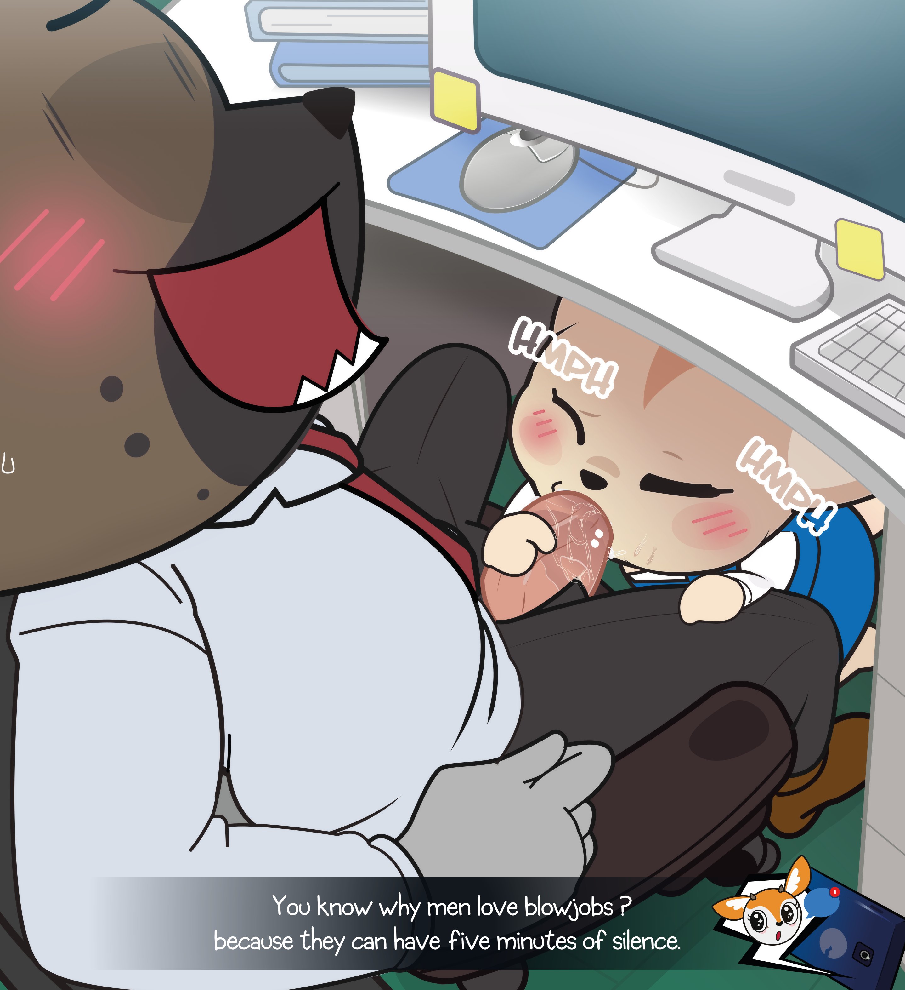 1boy, 2girls, accurate art style, aggressive retsuko, animal penis, anthro, anthro penetrated, anthro penetrating, big penis, blowjob, blush, brown fur, clothed, clothing, desk, dialogue, eyelashes, faceless male, female, fenneko, gosgoz, haida, hyena, looking pleasured, male, on model, orange fur, penis, saliva, saliva on penis, saliva trail, sanrio, smooth fur, sweat, sweatdrop, text, tsunoda, under the table