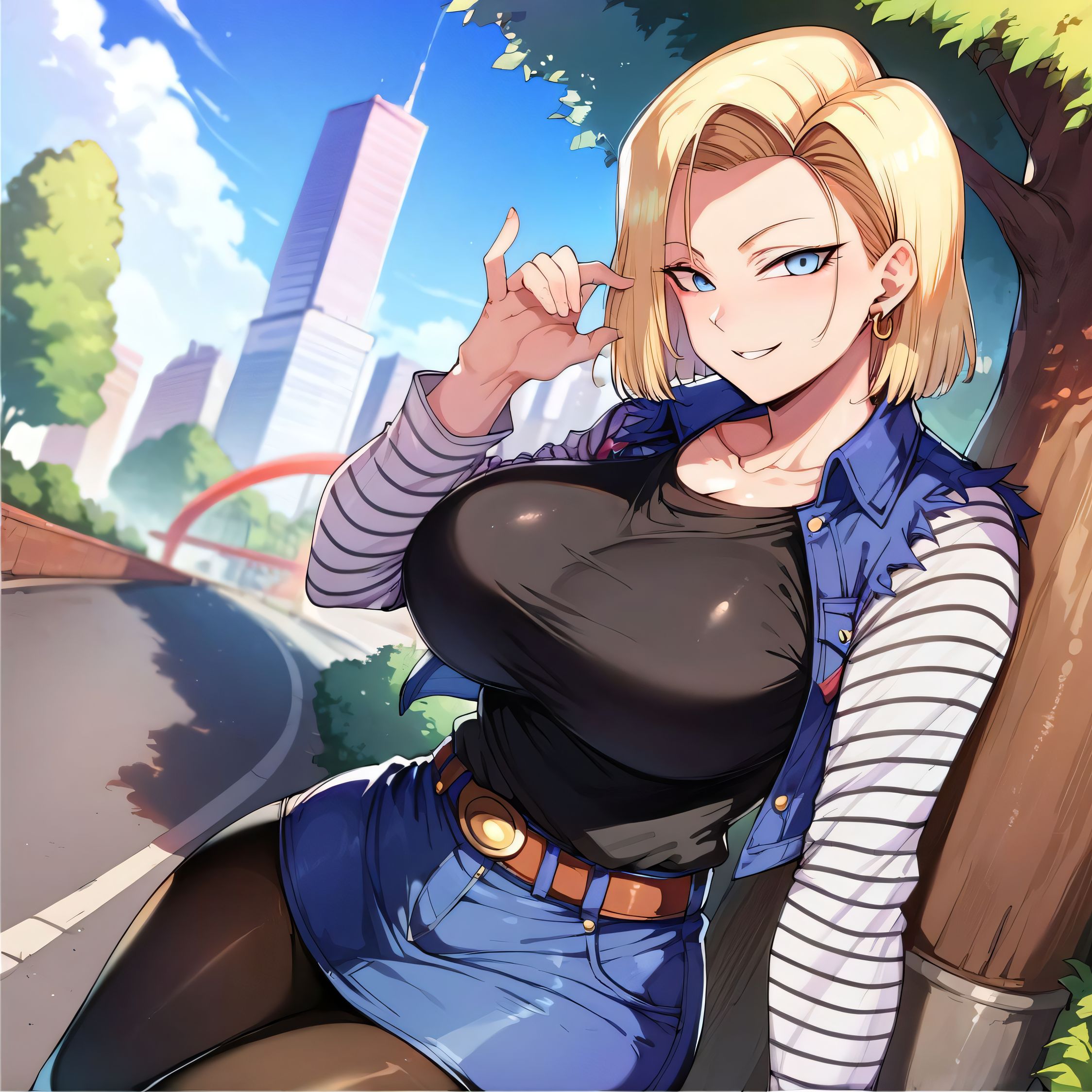 1girls, ai generated, alternate breast size, android 18, big breasts, breasts, busty, curvaceous, curvy, curvy body, curvy female, curvy figure, dragon ball, dragon ball z, fellatio gesture, female, huge breasts, large breasts, nipples, outdoors, skirt, solo, sweat, sweating, sweaty, sweaty body, sweaty breasts, thick thighs, thighs, venus body