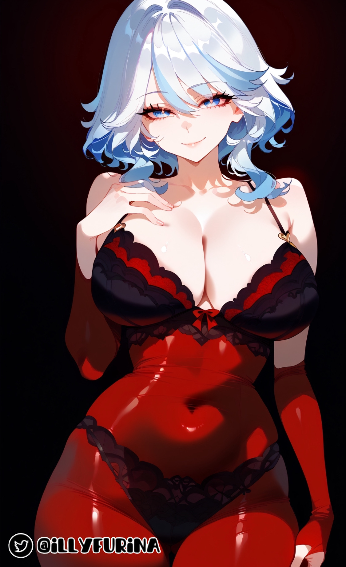 ai generated, bangs, big breasts, black background, black bra, black lingerie, black panties, blue eyes, blue hair, breasts, curvy figure, female, furina (genshin impact), genshin impact, heart-shaped pupils, huge breasts, illyfurina, lace lingerie, latex, latex suit, light skin, light-skinned female, long sleeves, looking at viewer, milf, mommy, navel, navel visible through clothes, pale skin, pale-skinned female, red latex, room, smile, smiling, smiling at viewer, stable diffusion, waist