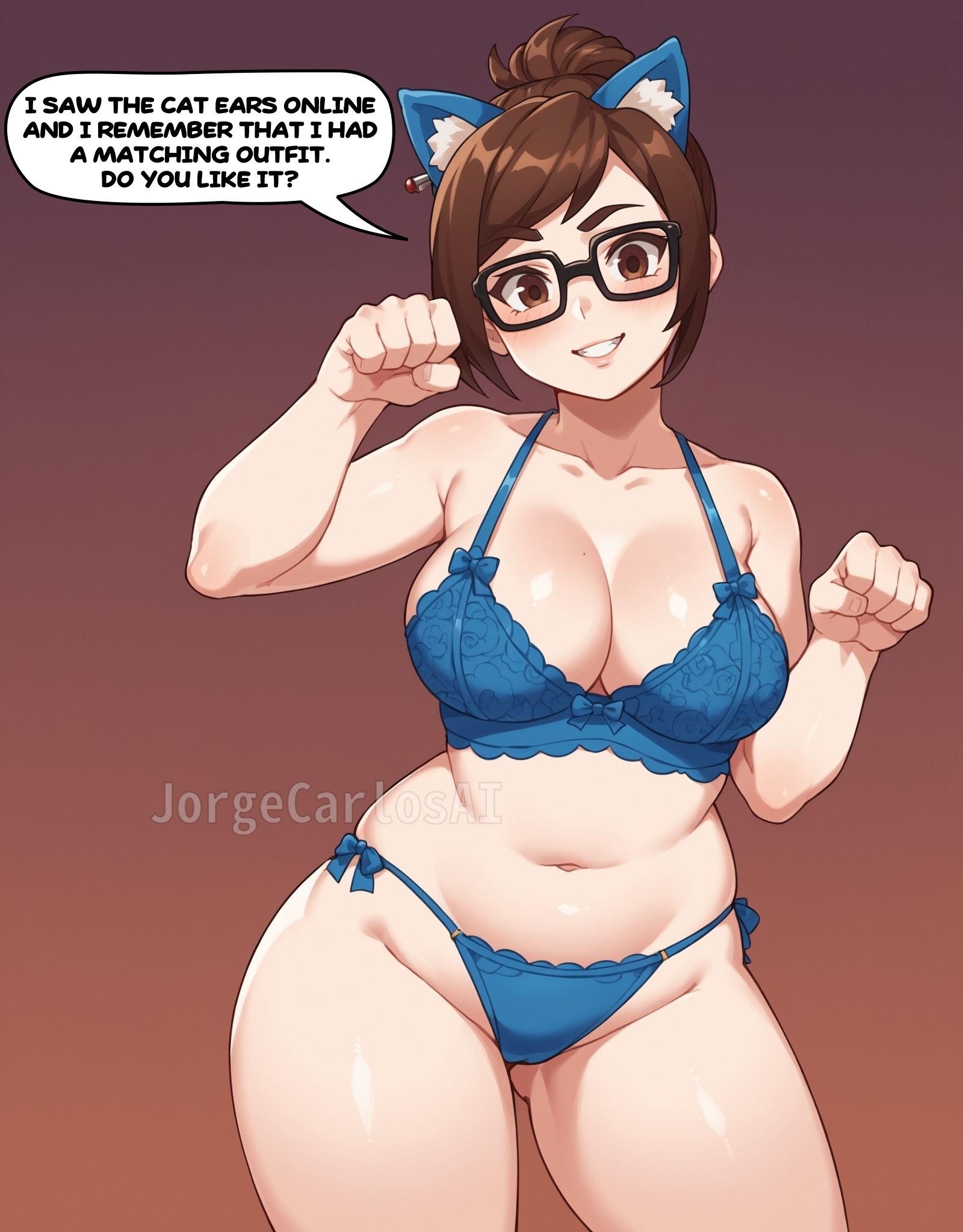 1girls, ai generated, ass, ass visible through thighs, belly, big breasts, blue lingerie, bow, breasts, brown eyes, brown hair, cameltoe, cat ears, chubby, chubby female, cleavage, female, female focus, female only, glasses, gradient background, hair bun, hairpin, jorgecarlosai, lace, lace trim, lace-trimmed bra, lace-trimmed panties, lingerie, lingerie bra, lingerie only, lingerie panties, mei (overwatch), navel, overwatch, overwatch 2, paw pose, pussy, shiny skin, simple background, speech bubble, thick, thick ass, thick thighs, tied hair, voluptuous, wide hips, wide thighs