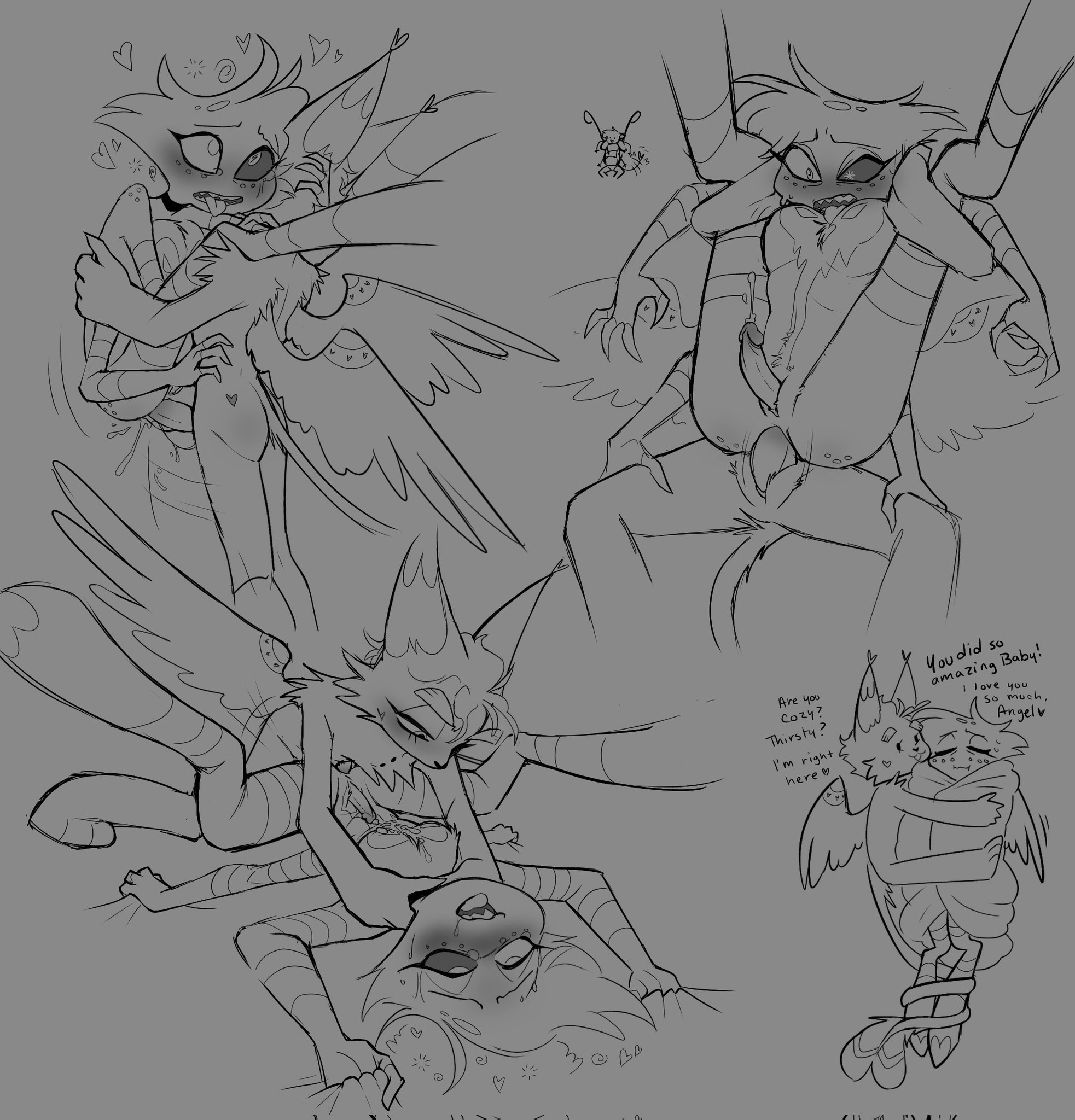 aftercare, anal, angel dust (hazbin hotel), choking, feva dreamsicle, full nelson, gay, hazbin hotel, husk (hazbin hotel), male, male/male, monochrome, yaoi