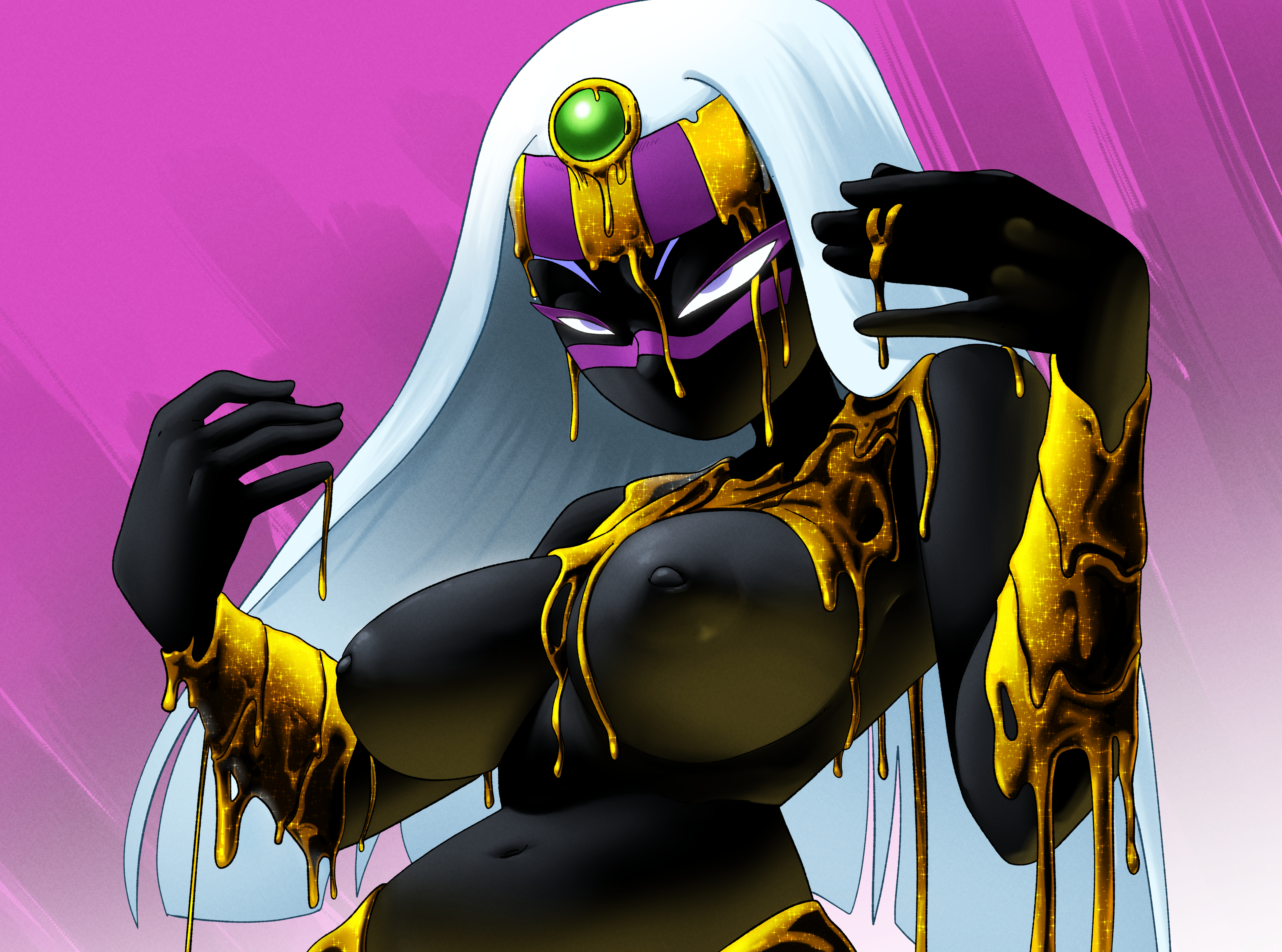 alien, alien girl, alien humanoid, armbands, belt, black body, black nipples, black skin, coolerinker, crown, duck dodgers, facial mark, female, inker comics, inkershike, looney tunes, martian, martian (duck dodgers), melting clothes, navel, necklace, nipples, no mouth, purple eyes, queen tyr'ahnee, topless, topless female, warner brothers, white hair