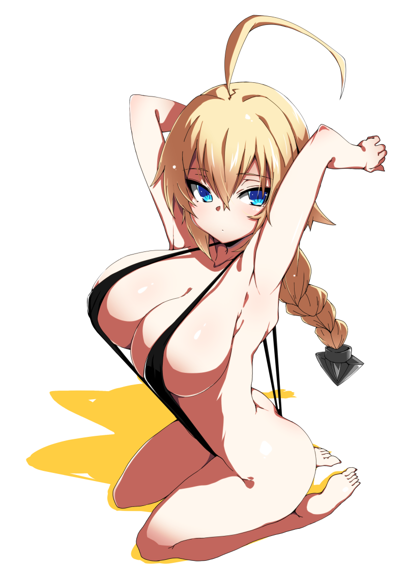 ahoge armpits ass baby_face bangs bare_arms bare_legs barefoot black_swimsuit blazblue blonde_hair blue_eyes braid breasts cleavage curvy es_(xblaze) female from_above full_body hair_between_eyes hair_ornament halterneck huge_ahoge huge_breasts kaname_nagi large_breasts long_hair seiza single_braid sitting sling_bikini solo swimsuit toes white_background xblaze_code:_embryo