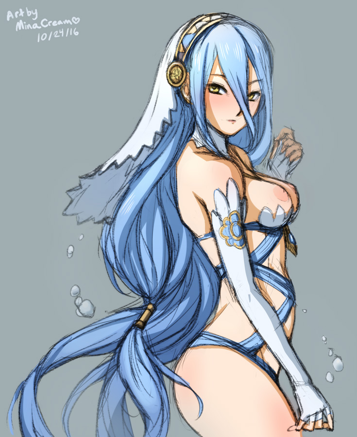 azura (fire emblem), blue hair, blush, breasts, detached collar, elbow gloves, female, fingerless gloves, fire emblem, fire emblem fates, gloves, grey background, long hair, looking at viewer, minacream, nintendo, nipples, simple background, solo, veil, very long hair, yellow eyes