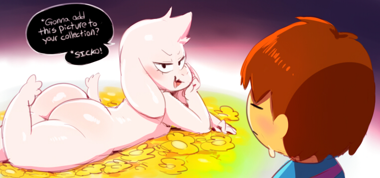 1boy, anthro, arm support, asriel dreemurr, ass, big ass, big butt, blushing, breaking the fourth wall, bubble ass, bubble butt, dialogue, dirty talk, english text, fangs, femboy, femboy asriel, floppy ears, flowers, foot up, frisk, furry, gradient background, human, lying, male, male anthro, male only, meta, naughty face, nude, on stomach, seductive, shiny fur, speech bubble, striped shirt, sunibee, sweatdrop, tail, thick thighs, undertale, voluptuous, wide hips
