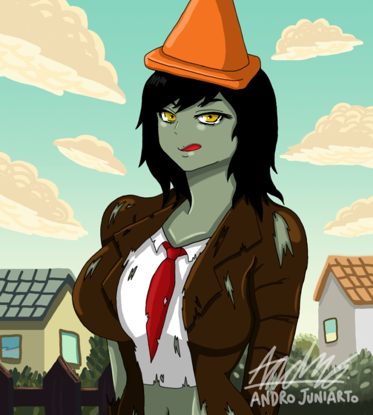 androjuniarto big_breasts black_hair breasts clothed clothing conehead_zombie_(pvz) damaged_clothes female green_skin licking_lips plants_vs_zombies yellow_eyes zombie zombie_(pvz) zombie_girl