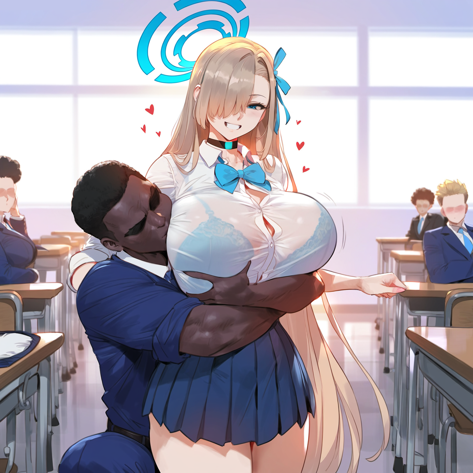 ai generated, artist request, asuna (blue archive), big breasts, big penis, blue archive, breasts, cum in pussy, dark skin, dark-skinned male, female, interracial, male, penis, pussy, yellow hair