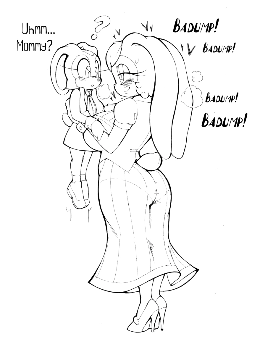 abesdrawings age_difference black_and_white brat carrying_partner confused confusion cream_the_rabbit cub femdom heart-shaped_pupils heartbeat huge_breasts innocent large_breasts mommy monochrome mother_and_daughter older_female size_difference sonic_(series) tits vanilla_the_rabbit young younger_female yuri