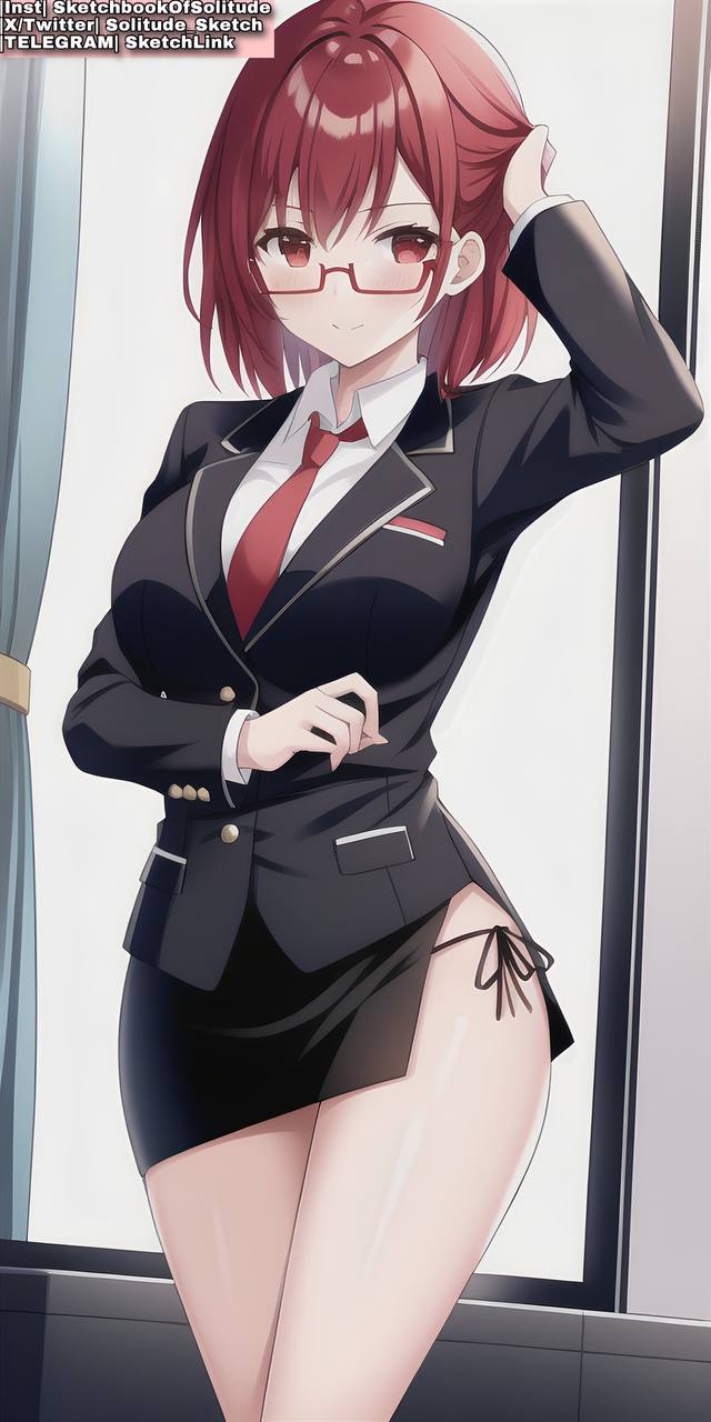 ai_generated ai_hands anime anime_style black_skirt blazer bowtie female female_human female_only girl girls glasses legs long_hair only_female only_girl red_eyes red_hair shirt short_skirt skirt soli_sketch thick_thighs thighhighs thighs thong white_shirt wide_hips