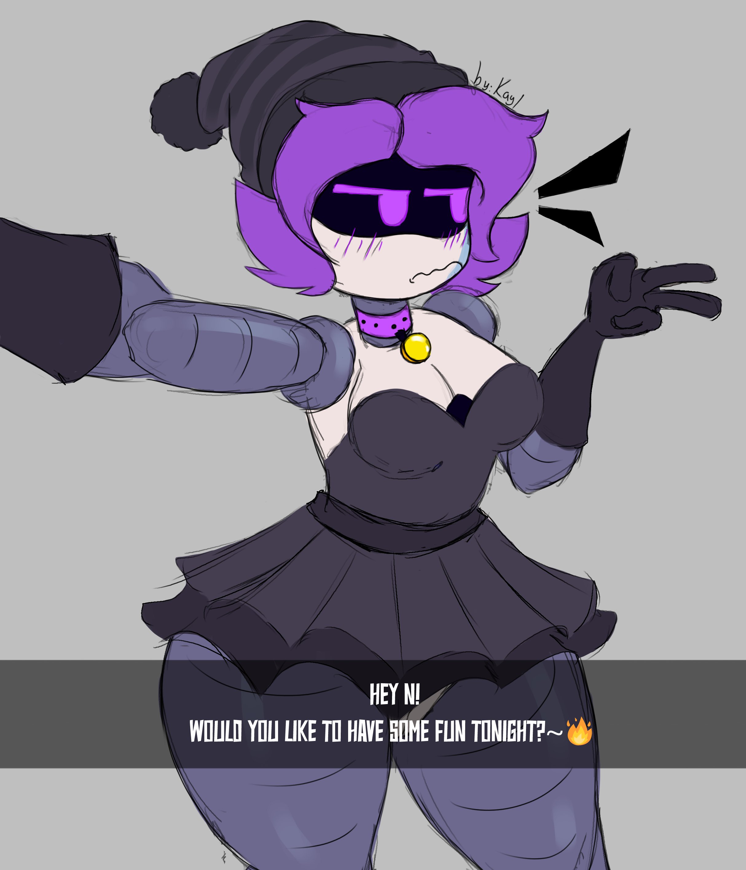 1girls, 2d, alternate version available, ass, big ass, big thighs, blush, breasts, clothed, collar, dialogue, dialogue box, drone, english text, female, female only, huge ass, huge thighs, kayl, medium breasts, murder drones, purple eyes, purple hair, robot, robot girl, robot humanoid, solo, tagme, teasing, text, thick hips, thick thighs, thighs, uzi (murder drones)