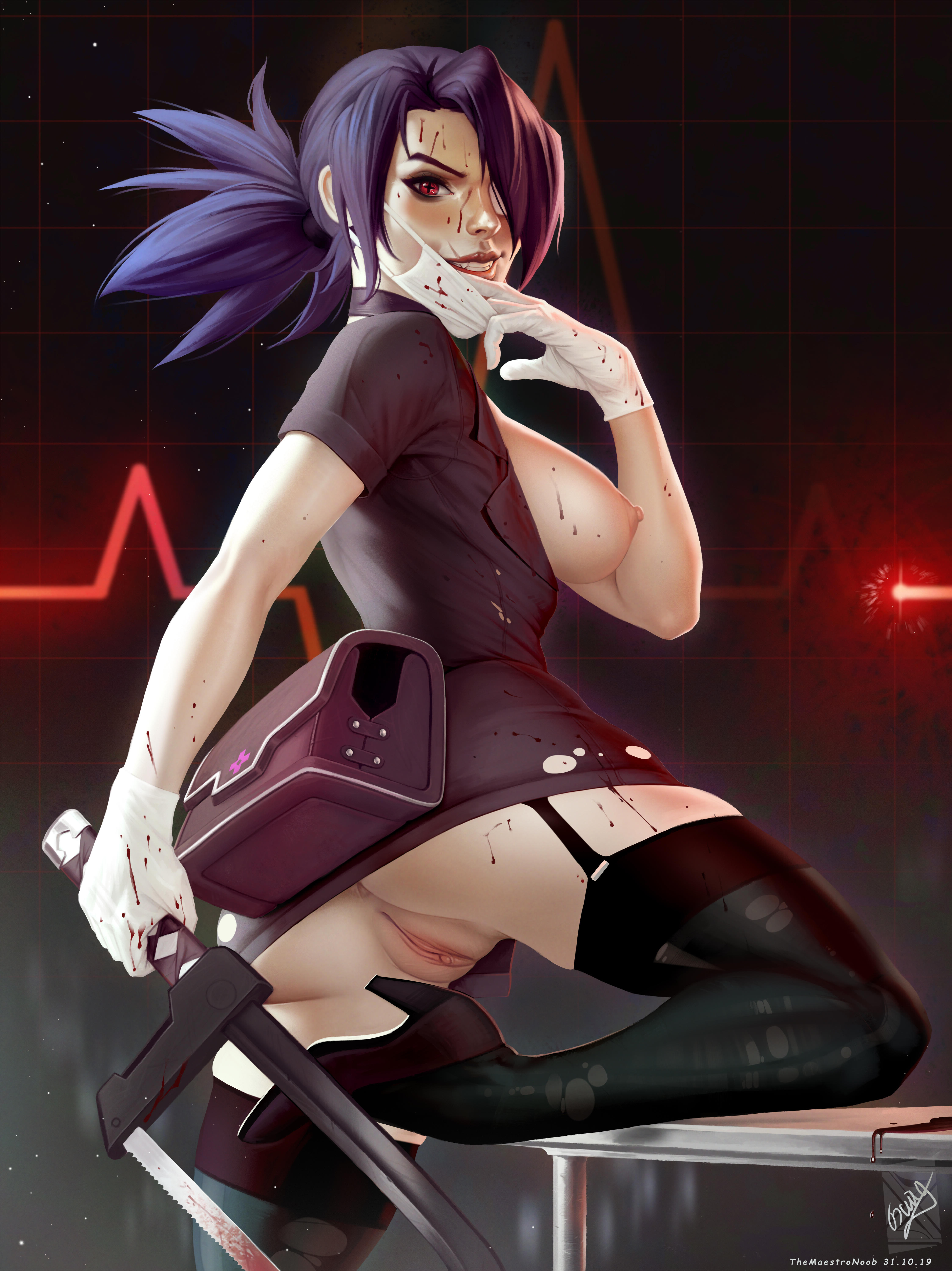 1girls, absurdres, areolae, ass, breasts, female, female only, highres, looking at viewer, looking back, nipples, pussy, skullgirls, solo, themaestronoob, valentine (skullgirls)
