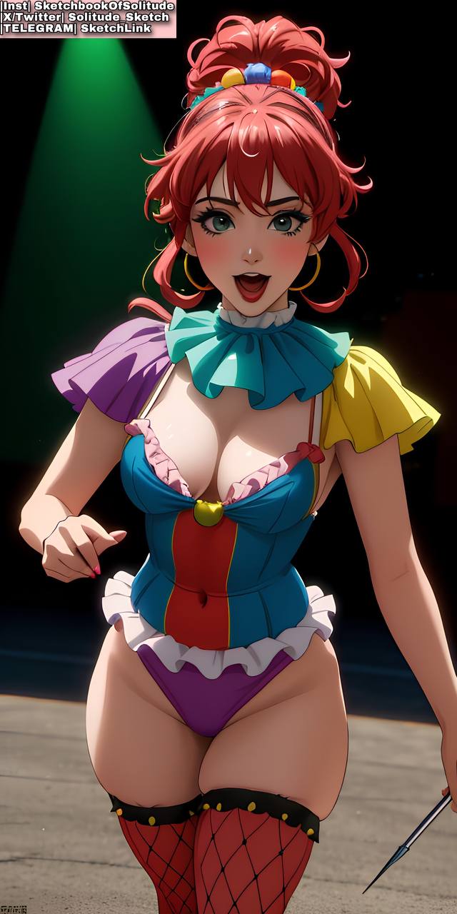 ai_generated ai_hands anime anime_style big_breasts breasts clown clown_girl clown_makeup female female_human female_only fishnet_stockings girl girls green_eyes panties purple_panties red_hair soli_sketch stockings thick_thighs thigh_highs thighs wide_hips