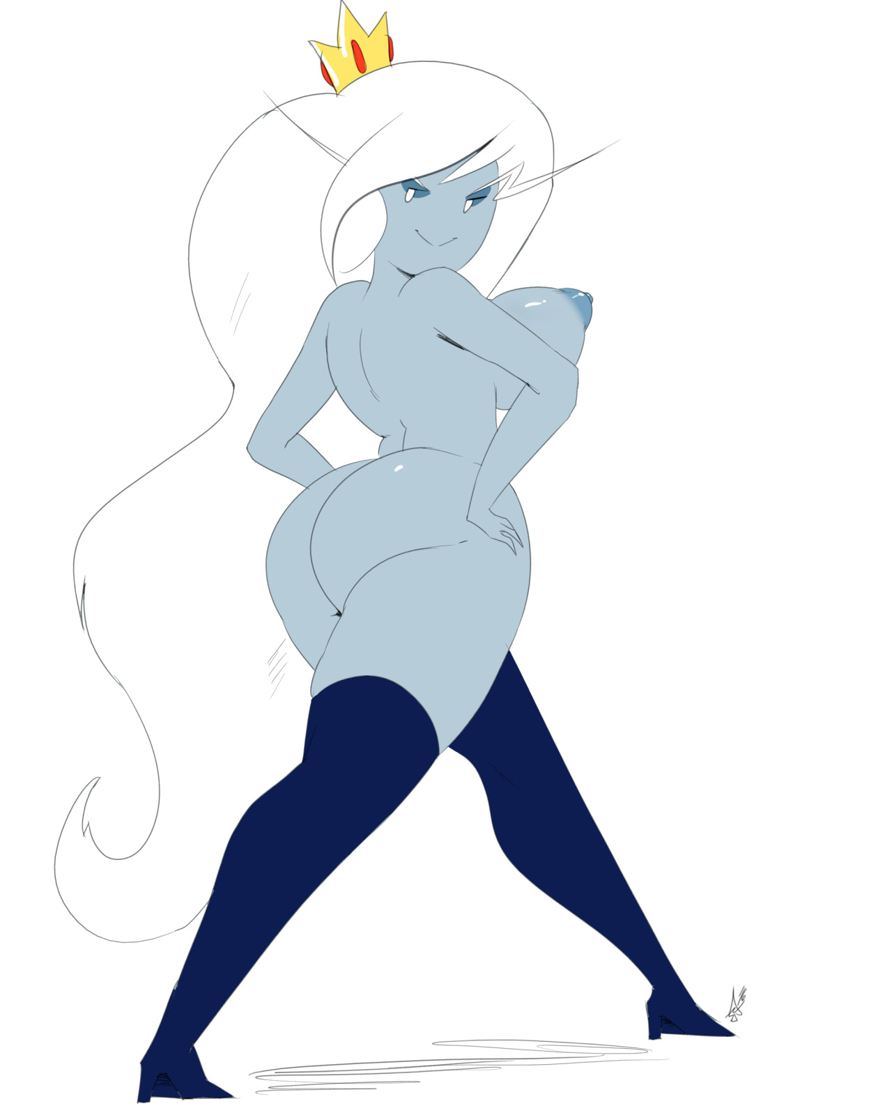 adventure time, ass, back view, big breasts, bouncing breasts, breasts, cartoon network, female, female only, hands on hips, high heels, ice queen (adventure time), leggings, long eyebrows, long hair, looking at viewer, naked footwear, nipples, nude, pale skin, shiny skin, smile, thehumancopier, very long hair, walking, white background, white eyes, white hair