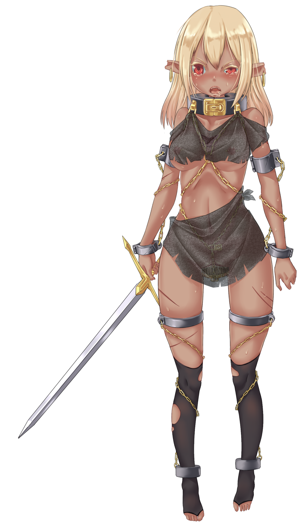 blonde hair, bondage, bound, branded, breasts, chains, closed eyes, collar, colored eyelashes, crying with eyes open, cuffs, cuts, dark skin, dark-skinned female, dildo, drooling, earrings, elf, female, femsub, full body, highres, large insertion, long hair, metal collar, nipple piercing, nipples, nude, object insertion, original, piercing, pointy ears, pussy, pussy juice, saliva, see-through, slave, solo, standing, sword, tears, thigh gap, toes, transparent background, uncensored, vaginal object insertion, vaginal penetration, weapon, yakou (4507770)