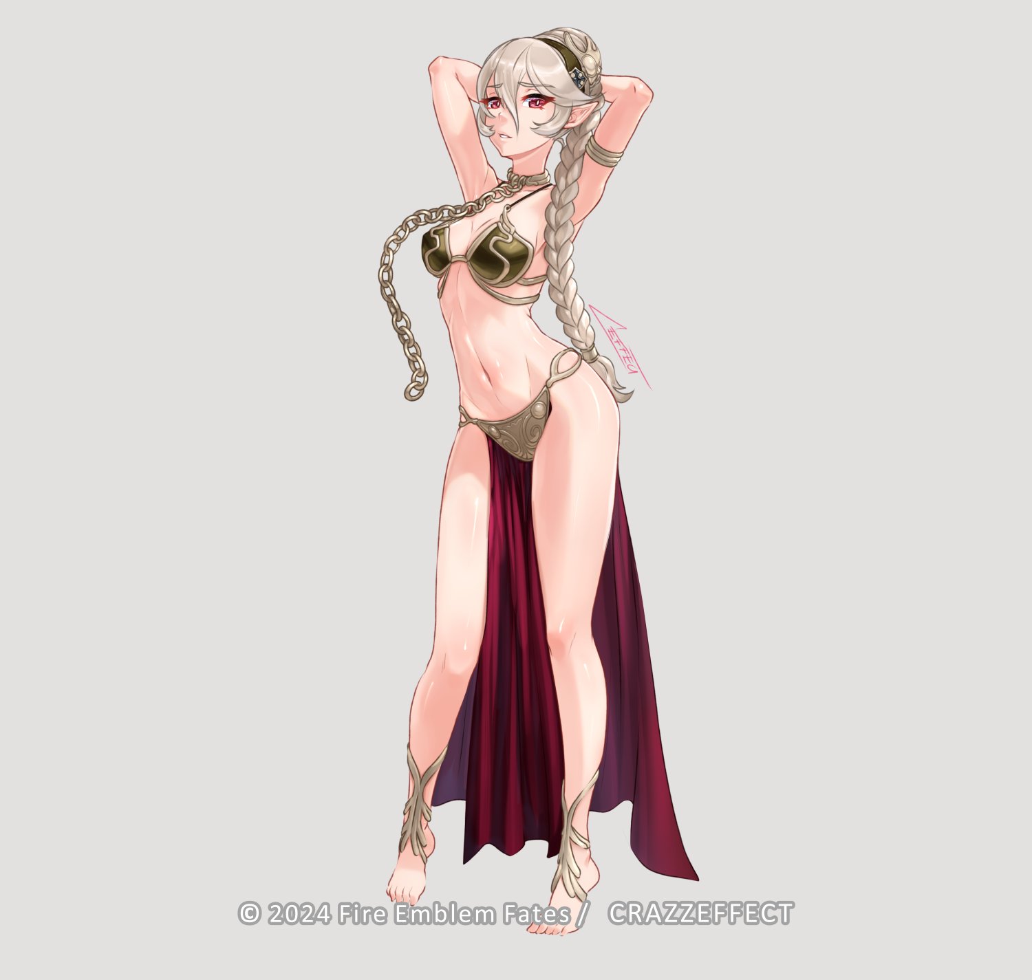 1girls, alternate costume, alternate hairstyle, armpits, arms behind head, bare arms, bare legs, bare midriff, bikini, bondage, braid, braided ponytail, chain leash, chains, cleavage, collar, corrin (fire emblem), corrin (fire emblem) (female), cosplay, crazzeffect, crossover, female, female only, fire emblem, fire emblem fates, grey background, grey hair, hair between eyes, hairband, leash, legs, looking at viewer, midriff, nintendo, pelvic curtain, pointy ears, ponytail, pose, red eyes, slave, slave bikini, slave leia (cosplay), solo, star wars, very long hair