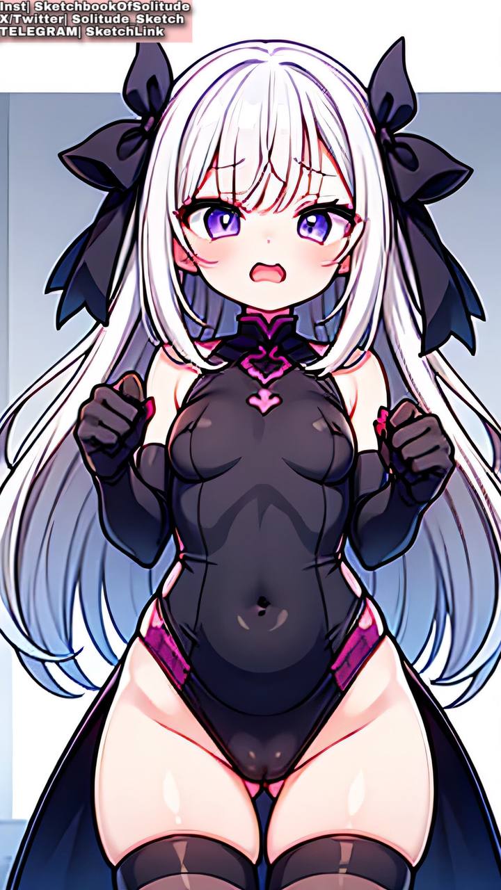 ai_generated ai_hands anime anime_style black_swimsuit bow female female_human female_only girl girls purple_eyes small_boobs small_breasts smaller_female soli_sketch stockings swimsuit thick_thighs thigh_highs thighhighs thighs white_hair wide_hips