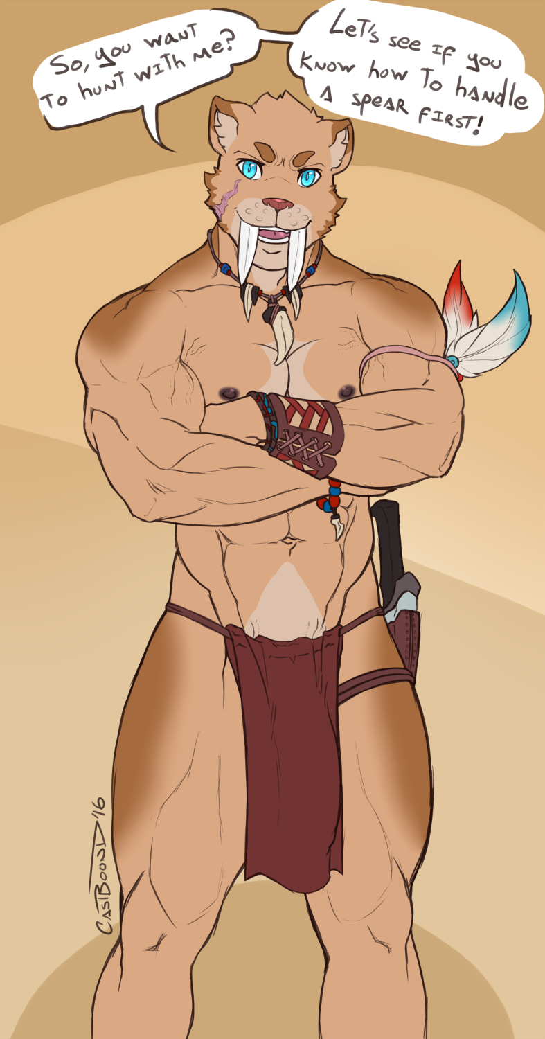 abs anthro athletic biceps blue_eyes bulge castbound clothing crossed_arms english_text fangs feline fur grin jewelry loincloth looking_at_viewer male male_only mammal manly muscular muscular_male navel necklace nipples pecs pharos saber-toothed_cat scar smile solo standing tan_fur text tribal vein