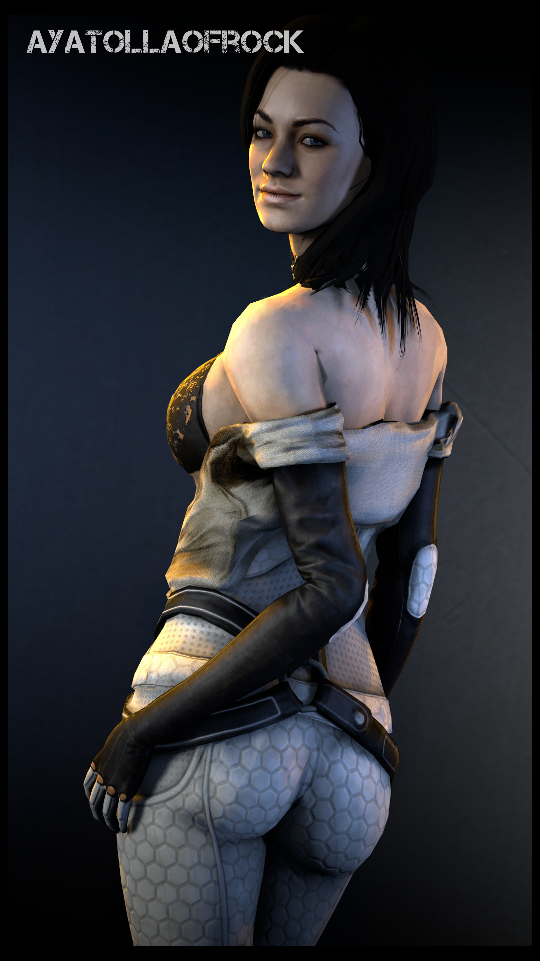 1girls, 2016, 3d, 5 fingers, ass, ayatollaofrock, bare shoulders, black bra, black hair, blue eyes, blush, bodysuit, bra, breasts, brown hair, eyebrows, eyelashes, eyeshadow, female, hands, highres, human, large ass, large breasts, lips, looking at viewer, mass effect, miranda lawson, naughty face, nose, pale skin, shiny, shiny skin, short hair, solo, source filmmaker, standing