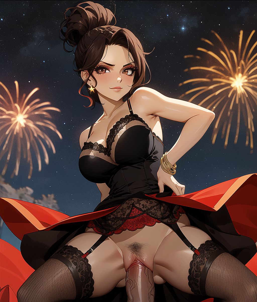 ai_generated bangs black_lingerie black_stockings cana_alberona chignon cleavage dress dress_lift fairy_tail flamenco garter_belt lace_stockings large_breasts light-skinned_male light_skin lingerie long_dress makeup no_panties payop stockings vaginal_sex woman_on_top