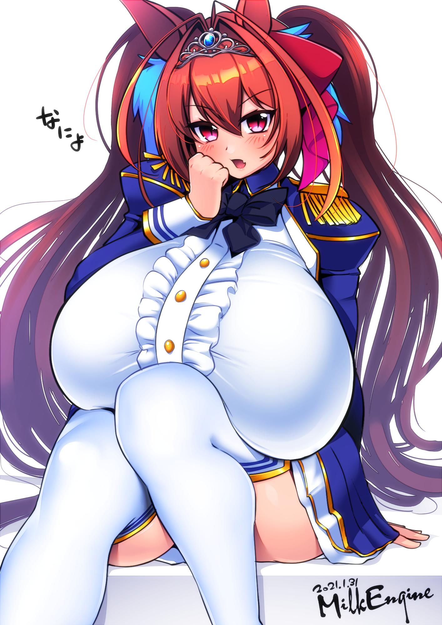 2d 2d_(artwork) 2d_artwork ass breasts button_down_shirt buttons female hair huge_breasts humanoid kemonomimi kyosuke_fujiwara long_hair long_pigtails pigtails red_hair sitting sitting_down solo tagme thick_thighs thighs uncensored