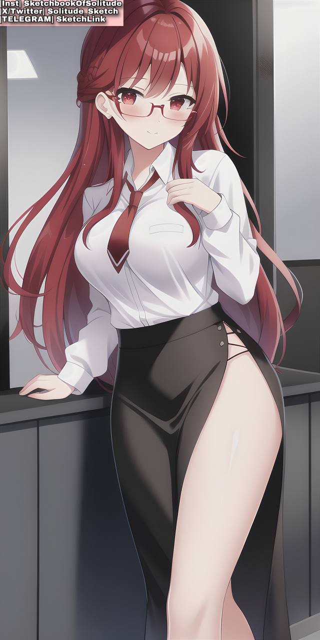 ai_generated ai_hands anime anime_style black_skirt bowtie female female_human female_only girl girls glasses legs long_hair only_female only_girl red_eyes red_hair shirt skirt soli_sketch thick_thighs thighhighs thighs white_shirt wide_hips