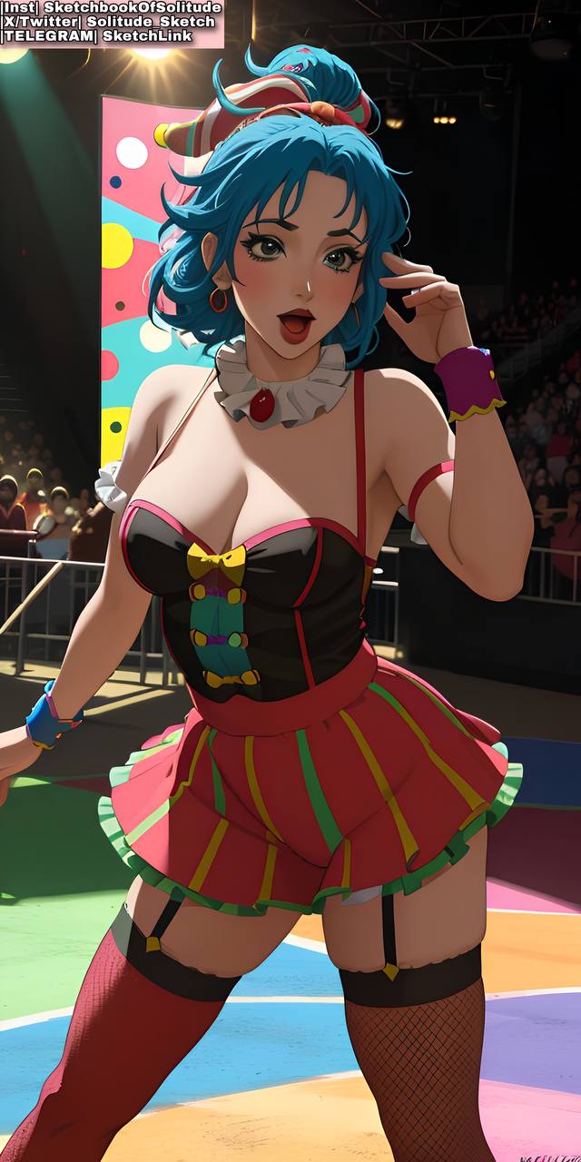 ai_generated ai_hands anime anime_style big_breasts blue_hair breasts clown clown_girl clown_makeup female female_human female_only fishnet_stockings girl girls green_eyes skirt soli_sketch stockings thick_thighs thigh_highs thighs wide_hips