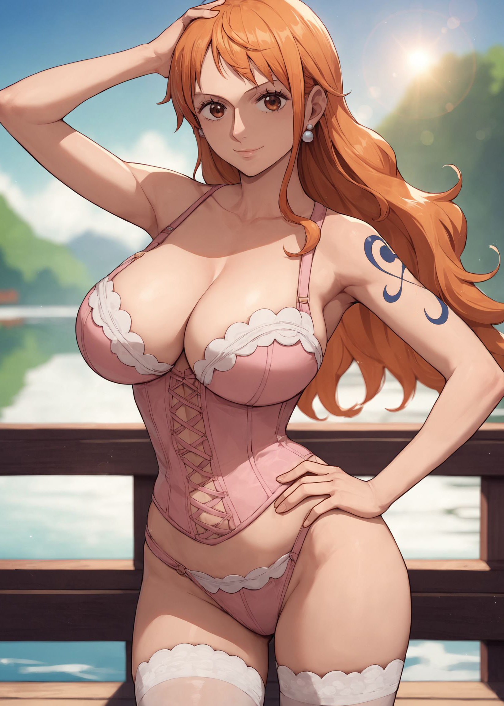 1girls, ai generated, alex-schura, arm behind head, arm tattoo, arm up, athletic, athletic female, bare shoulders, bare thighs, blush, brown eyes, cleavage, corset, earrings, facing viewer, female, female only, front view, high resolution, lingerie, long hair, nai diffusion, nami (one piece), one piece, orange hair, pinup, post-timeskip, seducing, seductive, seductive eyes, seductive look, seductive pose, seductive smile, shounen jump, smile, solo, solo focus, stable diffusion, stockings, tattoo, thighs, toned, toned female, underwear, voluptuous, voluptuous female, weekly shonen jump, wide hips