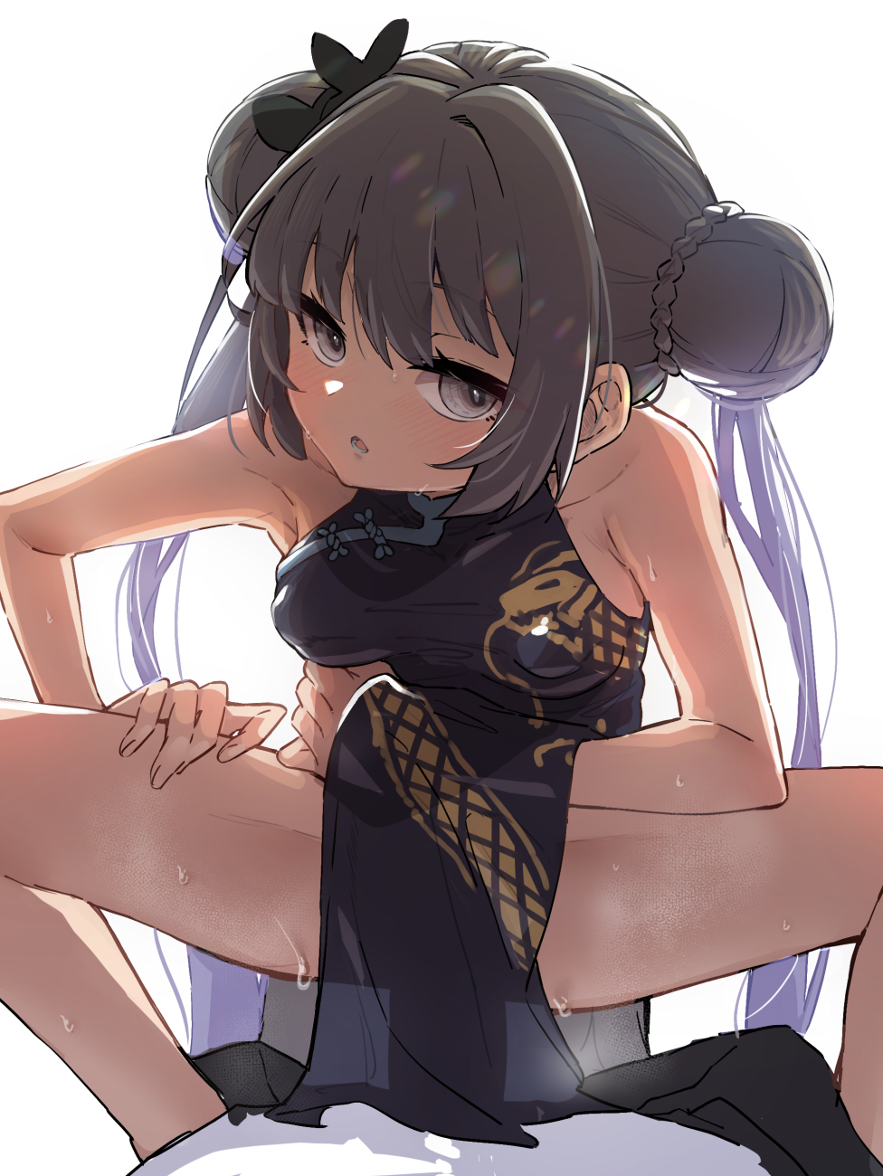 1boy black_dress blue_archive breasts china_dress chinese_clothes commentary_request covered_nipples covered_penetration cowgirl_position double_bun dragon_print dress female grey_eyes hair_bun highres kisaki_(blue_archive) long_hair looking_at_viewer medium_breasts mori_shin_risuku pelvic_curtain penis pov print_dress see-through_silhouette sex simple_background squatting_cowgirl_position straight sweat thighs twintails white_background