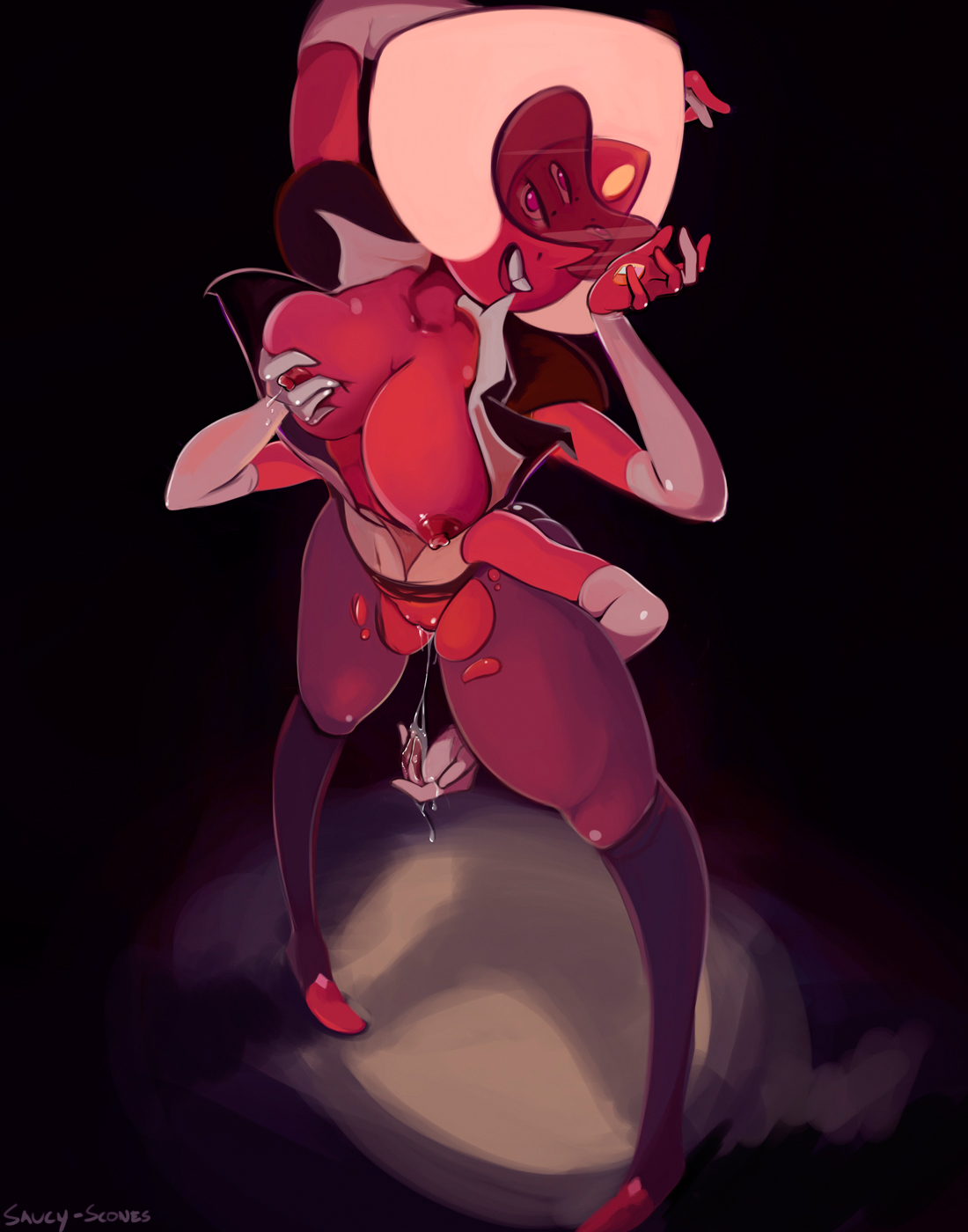 black legwear, breast grab, breasts, breasts out, buckteeth, cartoon network, detached sleeves, elbow gloves, female, forehead jewel, fusion, gem (species), gem fusion, gloves, lactation, looking at viewer, multi eye, nipples, open clothes, open mouth, pantyhose, pussy, pussy juice, pussy juice string, red skin, sardonyx (steven universe), saucy-scones, solo, steven universe, sunglasses, thighhighs, torn clothes, torn pantyhose