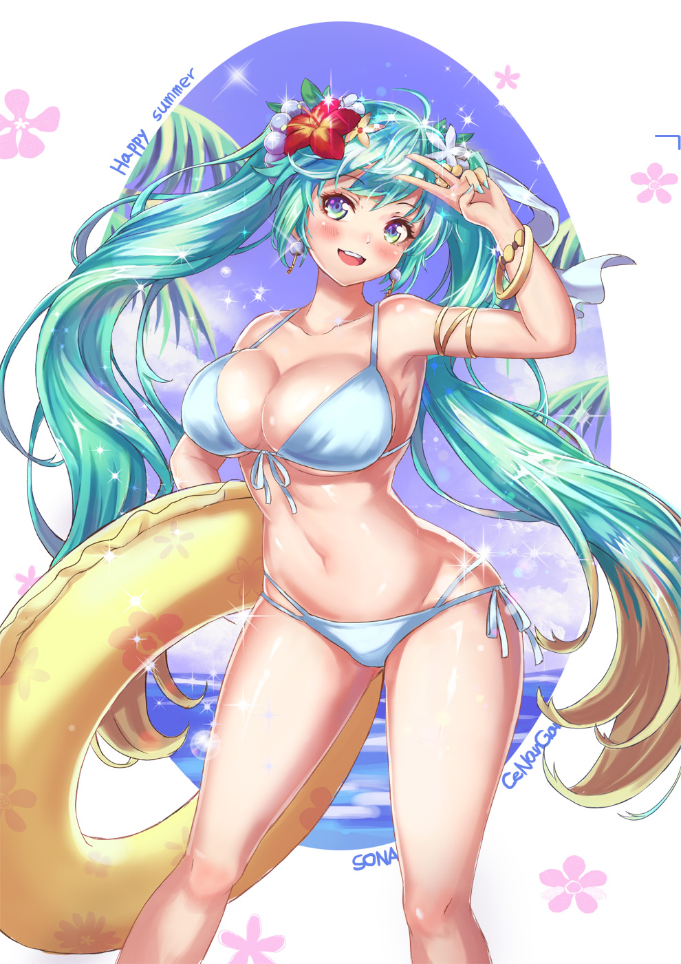 :d, bikini, blue eyes, blush, breasts, cenangam, curvy, female, flower on head, flower ornament, hips, large breasts, league of legends, legs, long hair, navel, open mouth, side-tie bikini, smile, solo, sona buvelle, sparkle, stomach, swimsuit, teeth, tied hair, twintails, underboob, v, white bikini